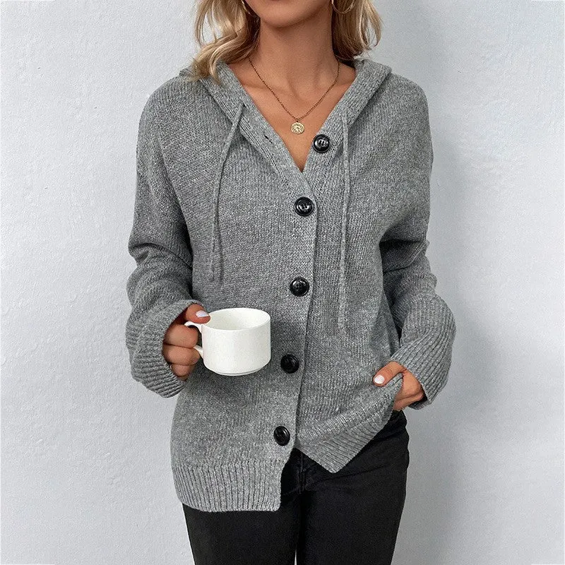 🌸 Cozy Women's Grey Ribbed Knitted Hoodie Cardigan with Button Placket