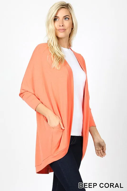 3/4 SLEEVE COCOON WRAP CARDIGAN in CORAL