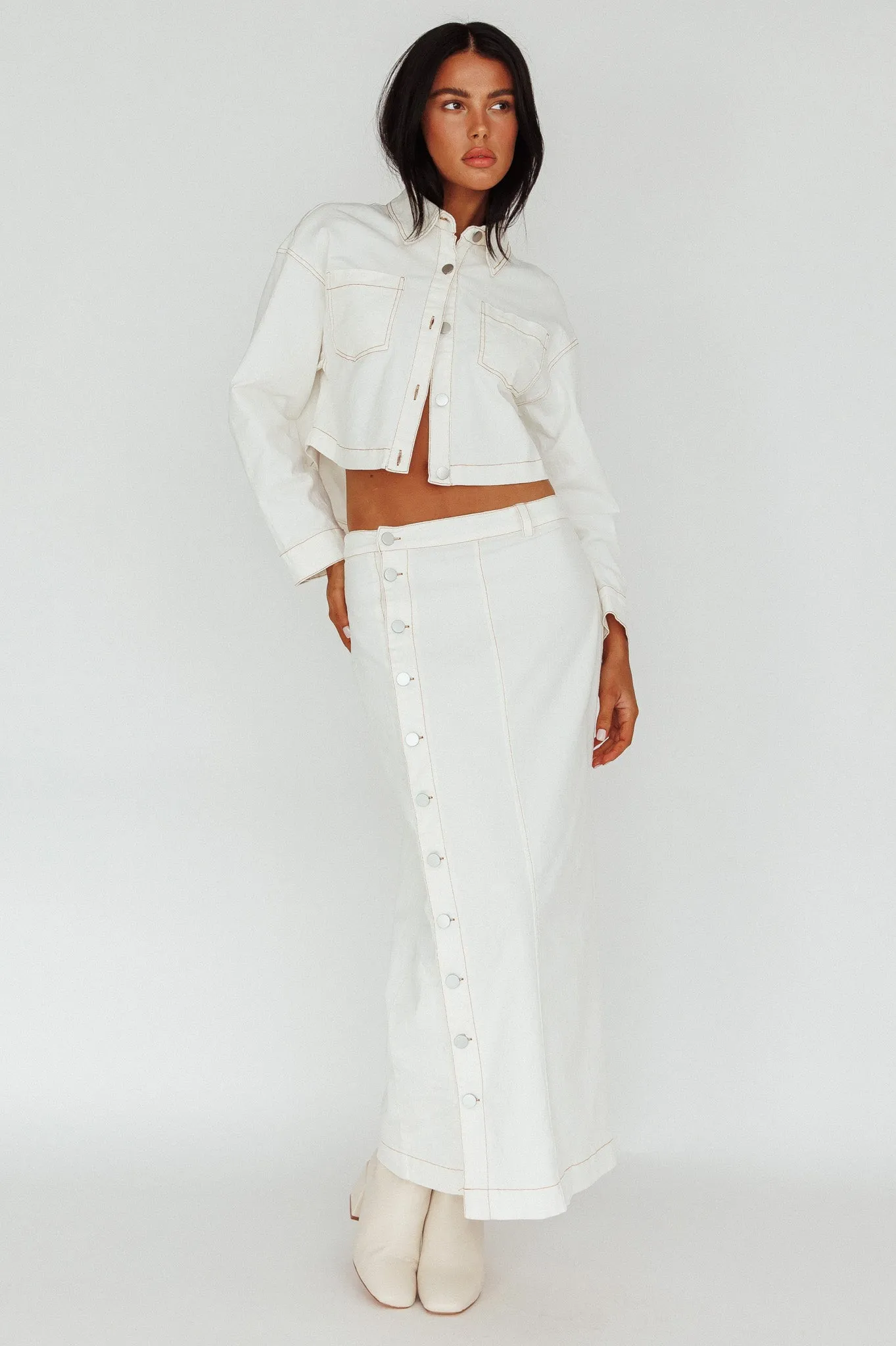 Angelica Side Button-Up Midi Skirt White