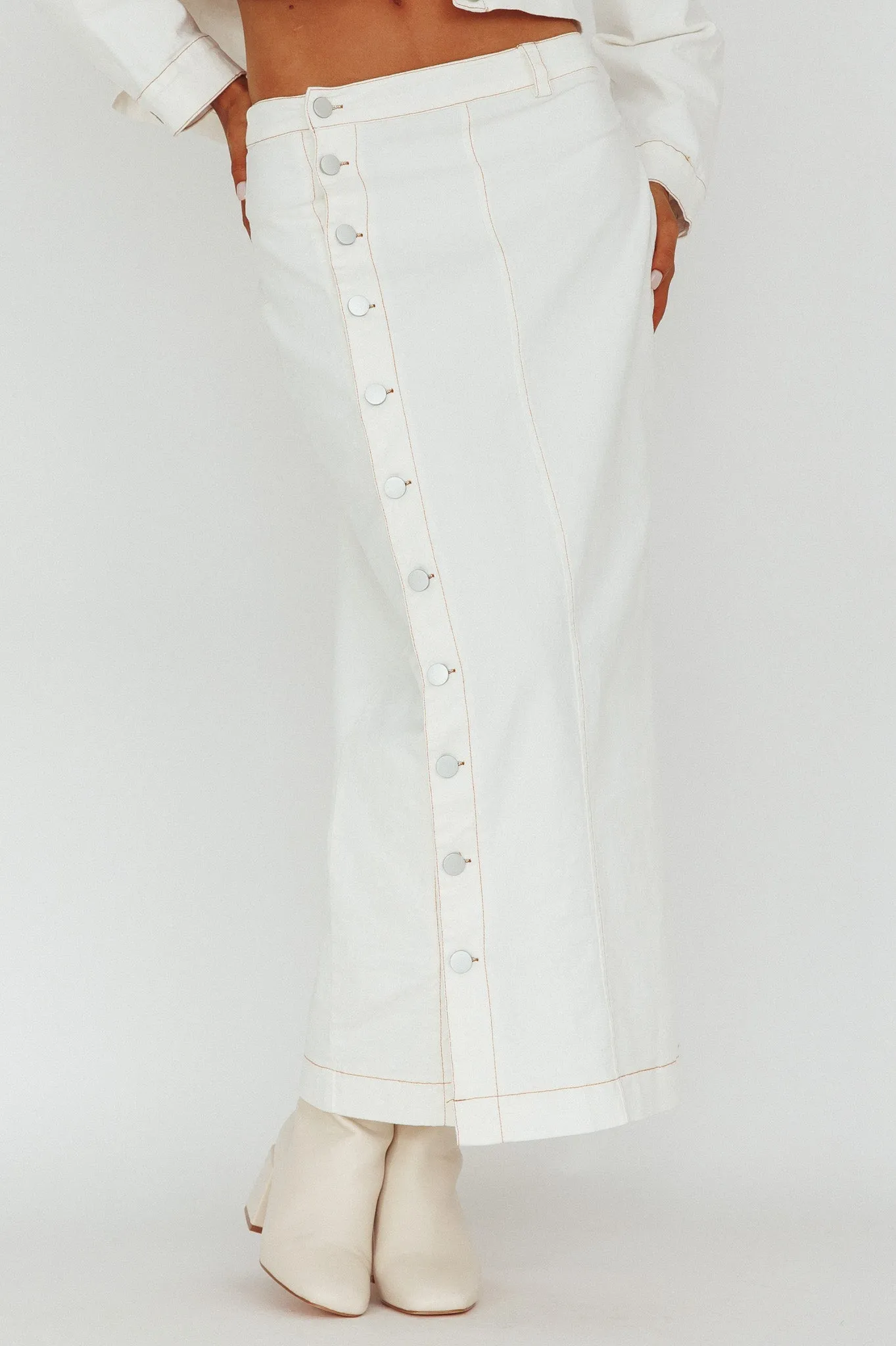 Angelica Side Button-Up Midi Skirt White