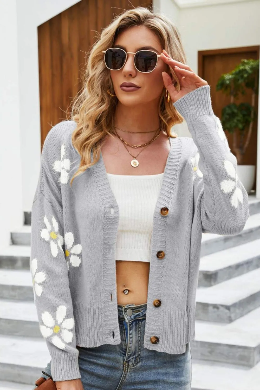 *App Exclusive* Floral Ribbed Cardigan