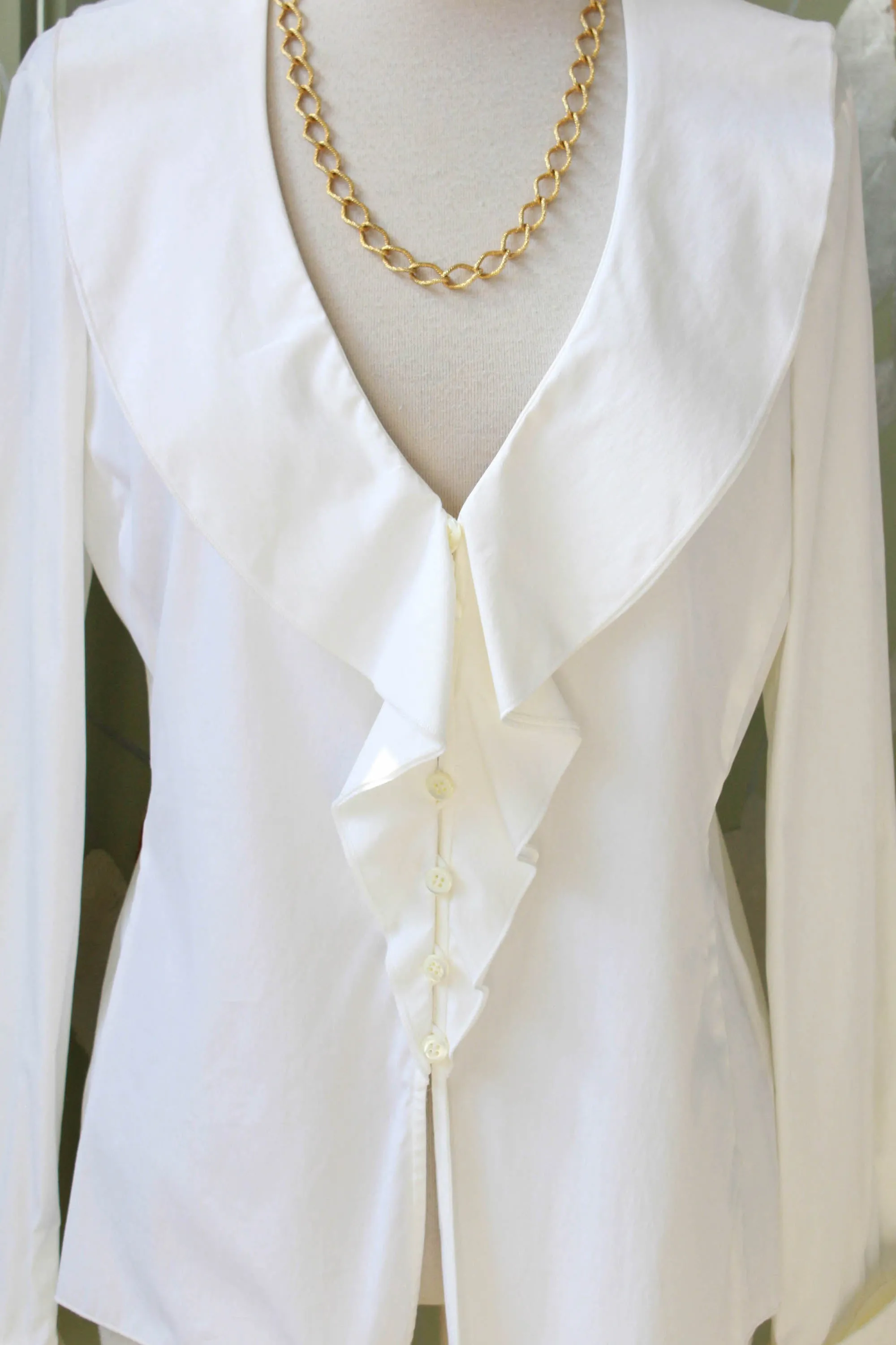 Armani Shawl Collar White Cotton Blouse, Small