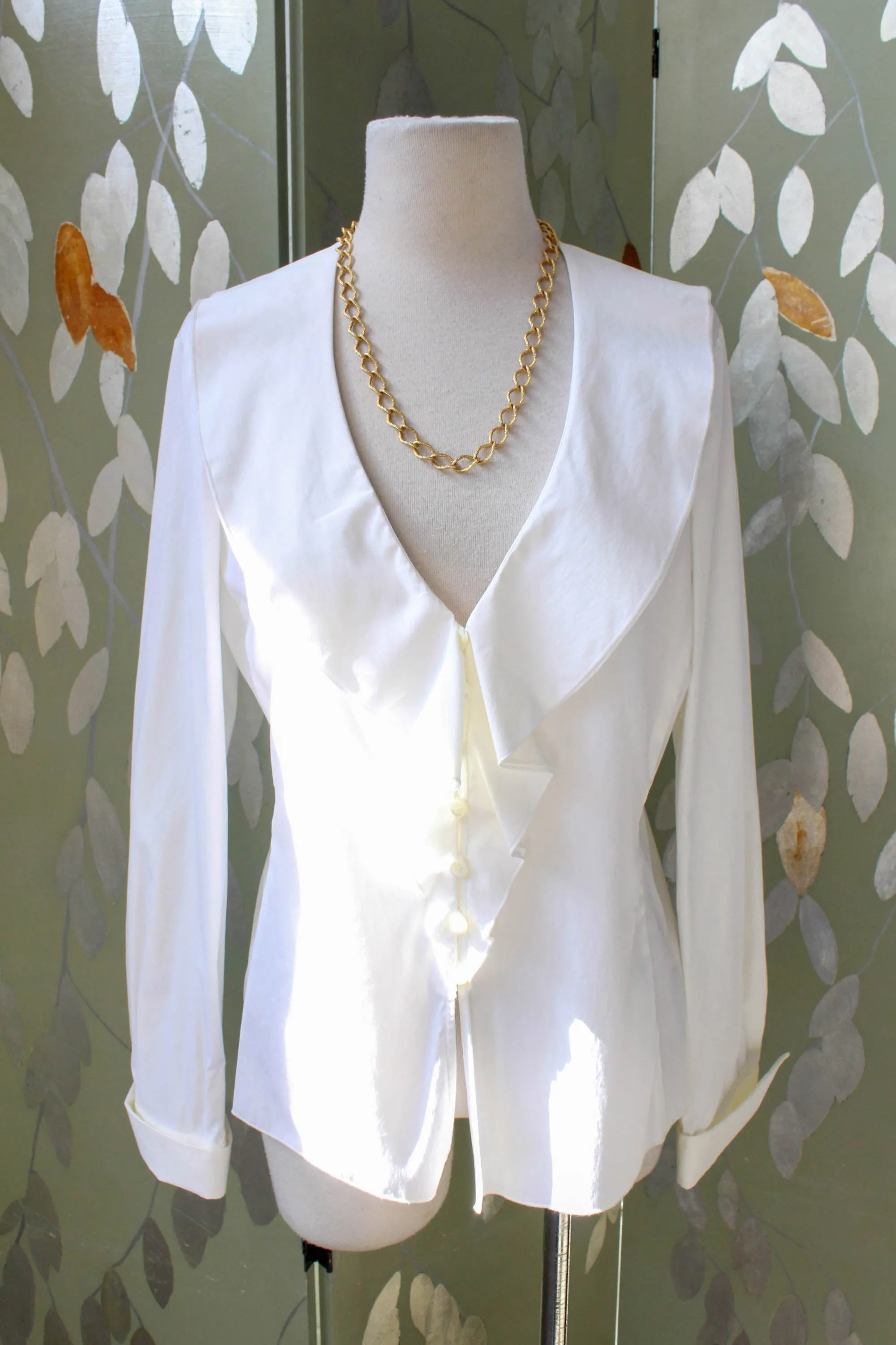 Armani Shawl Collar White Cotton Blouse, Small