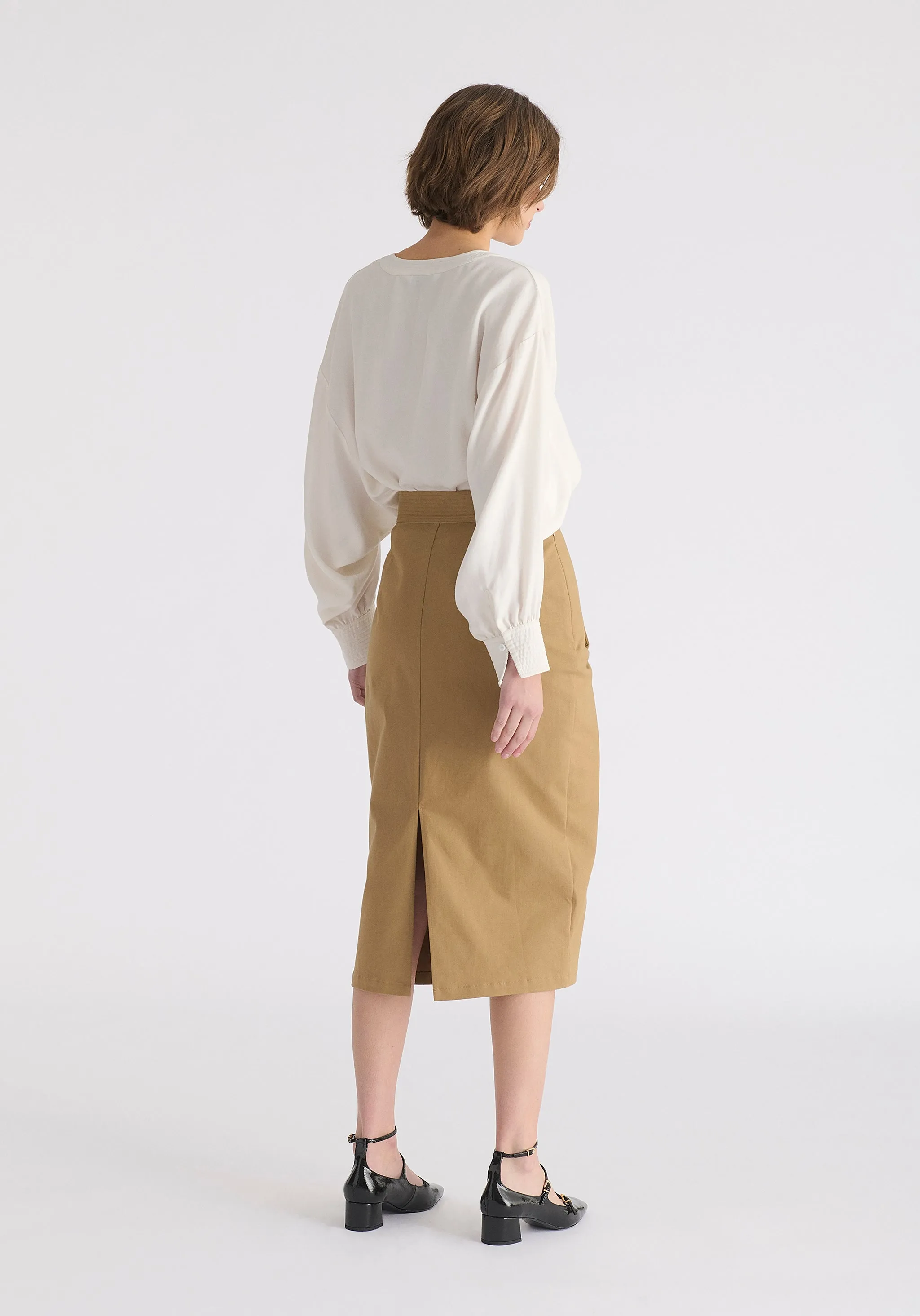 Asymmetric Midi Skirt with Button Details