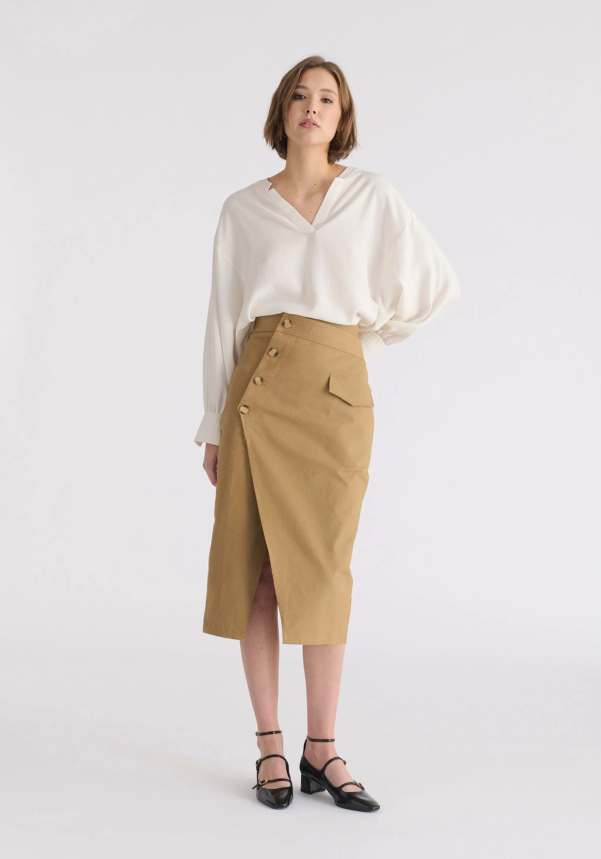 Asymmetric Midi Skirt with Button Details