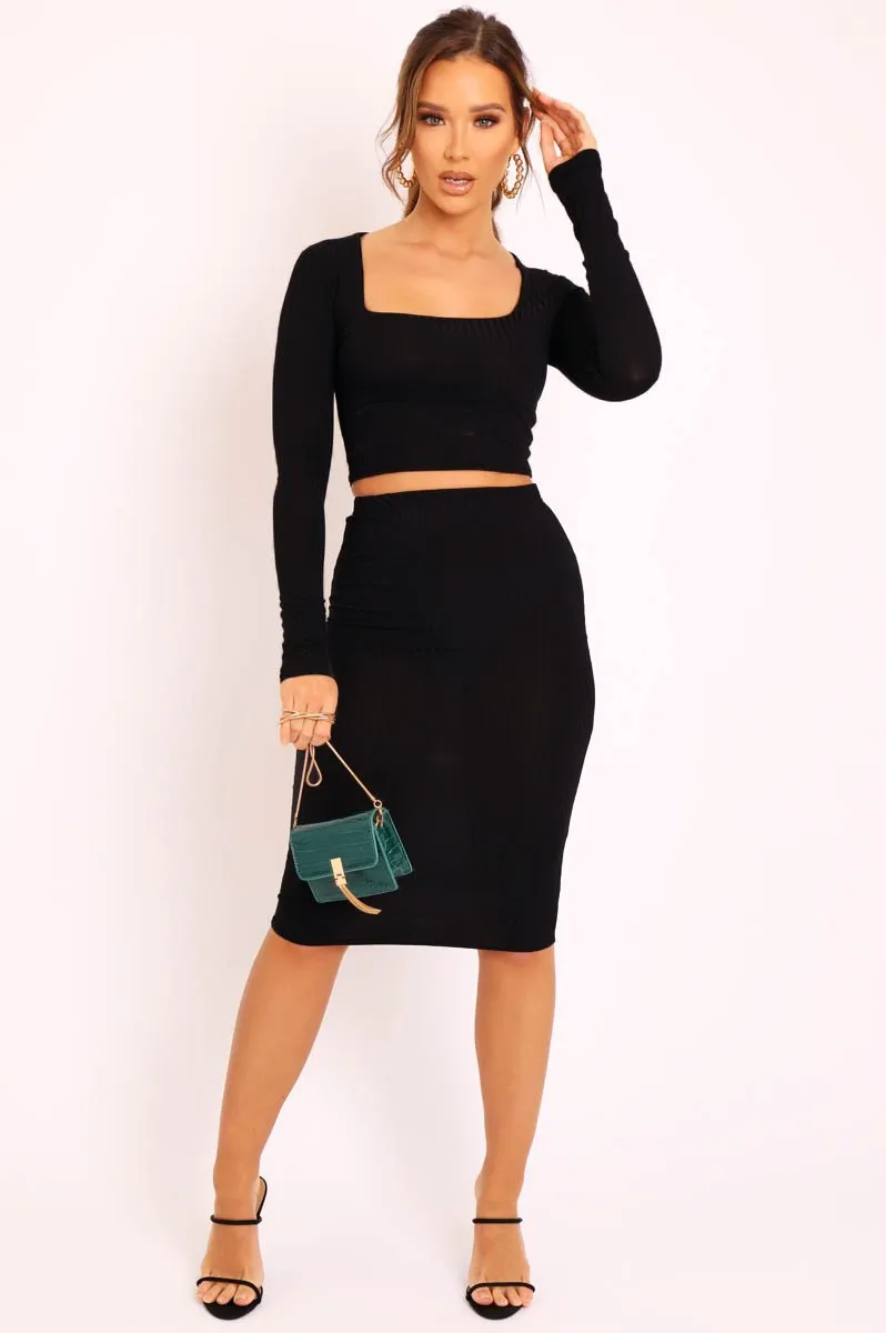 Black Ribbed Square Neck Top and Midi Skirt Co-ord - Tiera