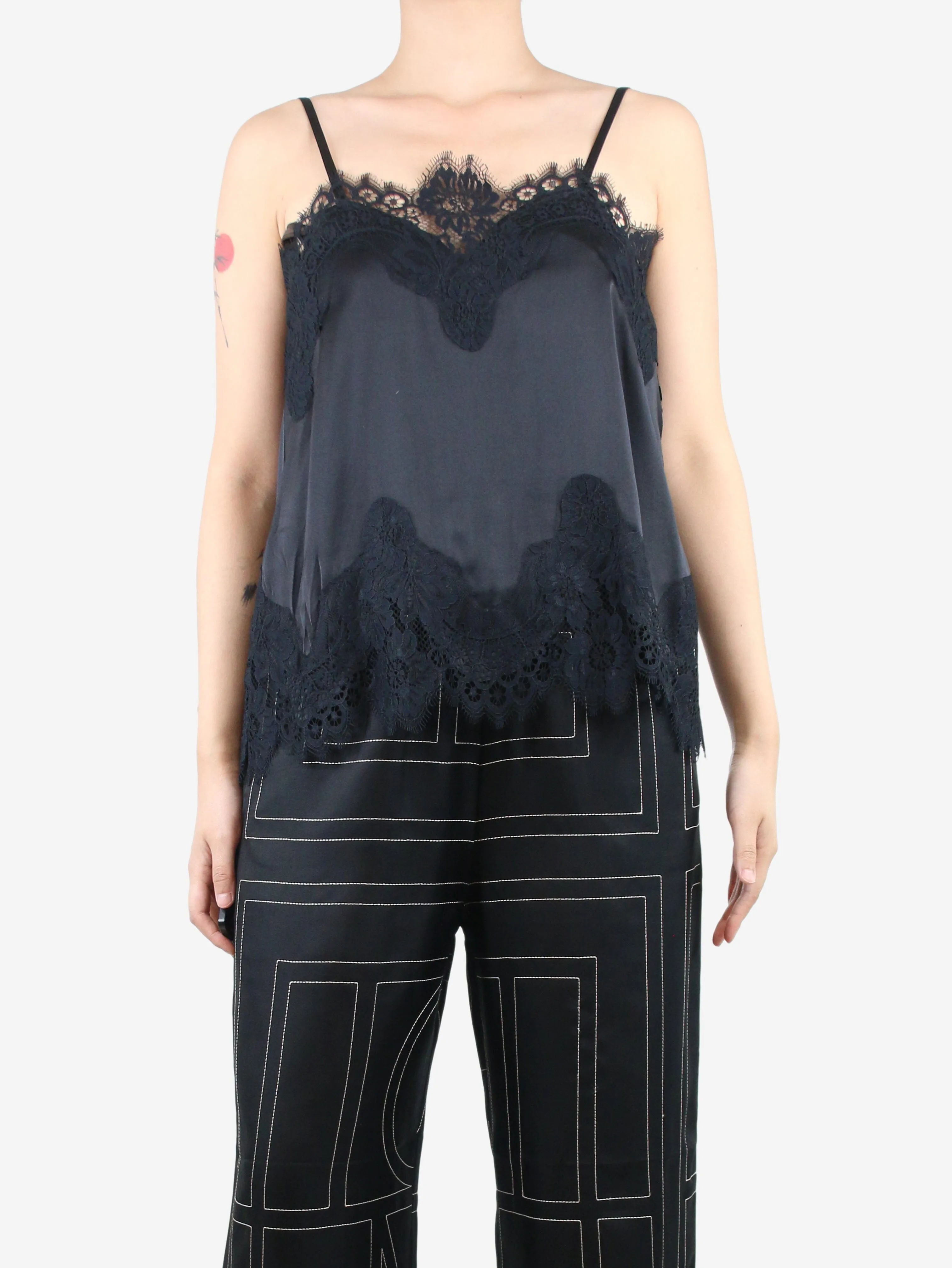 Black silk lace-trim camisole - size S