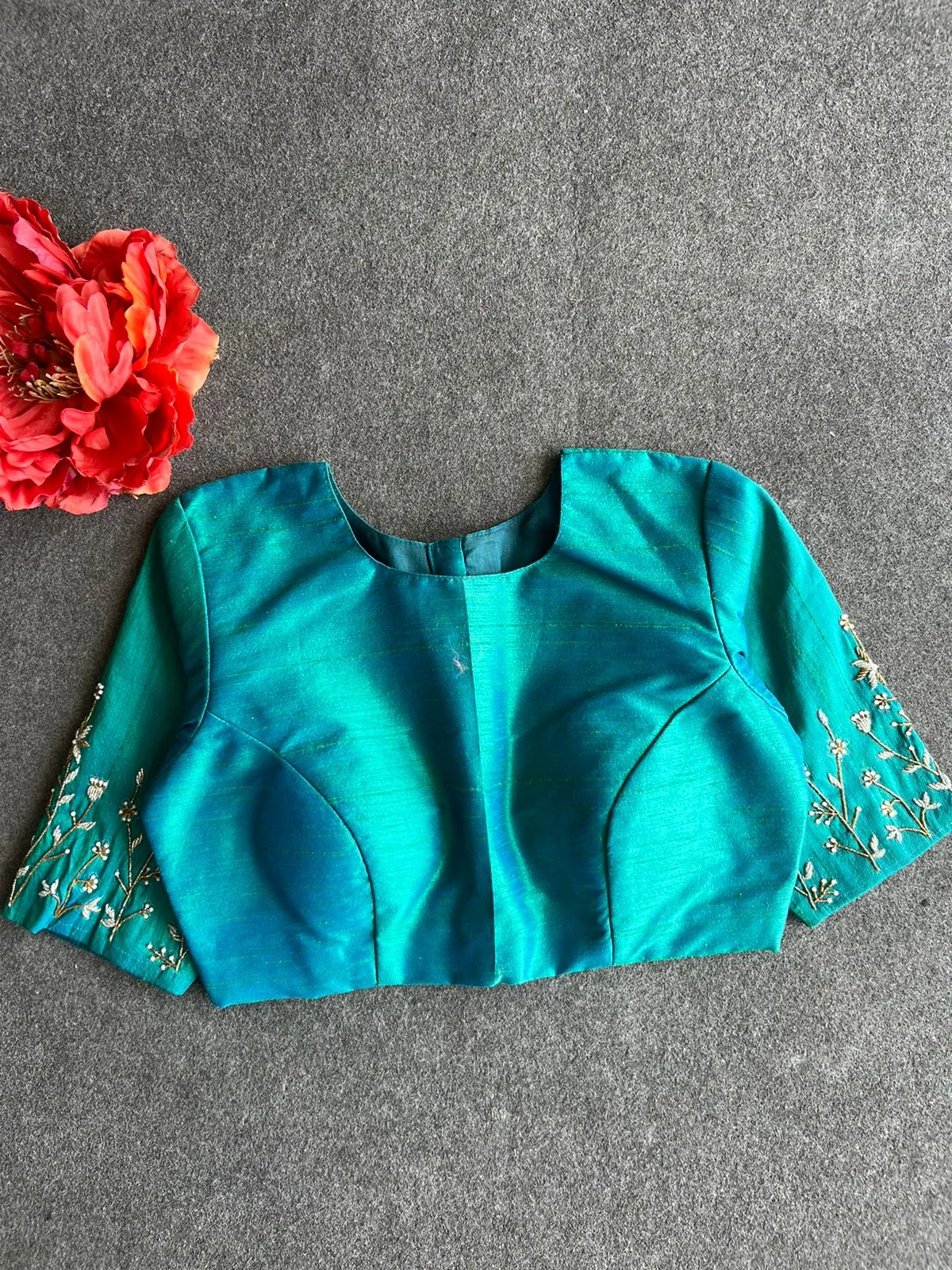 Blue silk sleeves hand work blouse