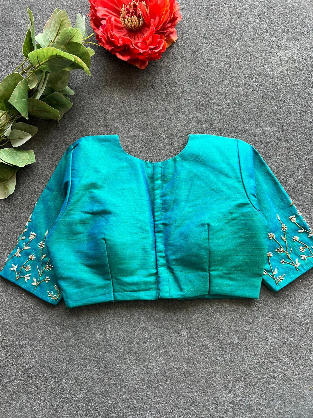 Blue silk sleeves hand work blouse