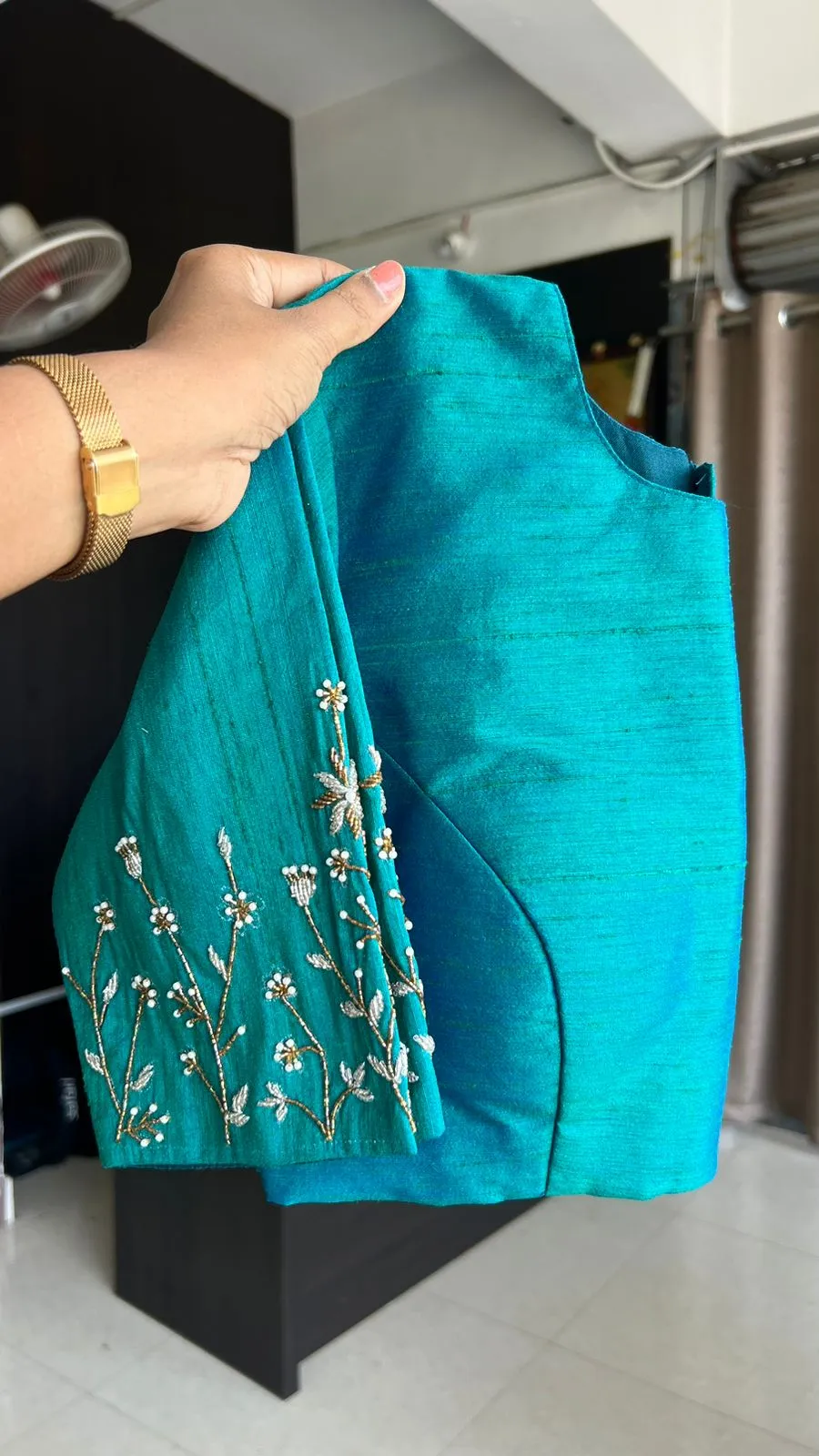 Blue silk sleeves hand work blouse