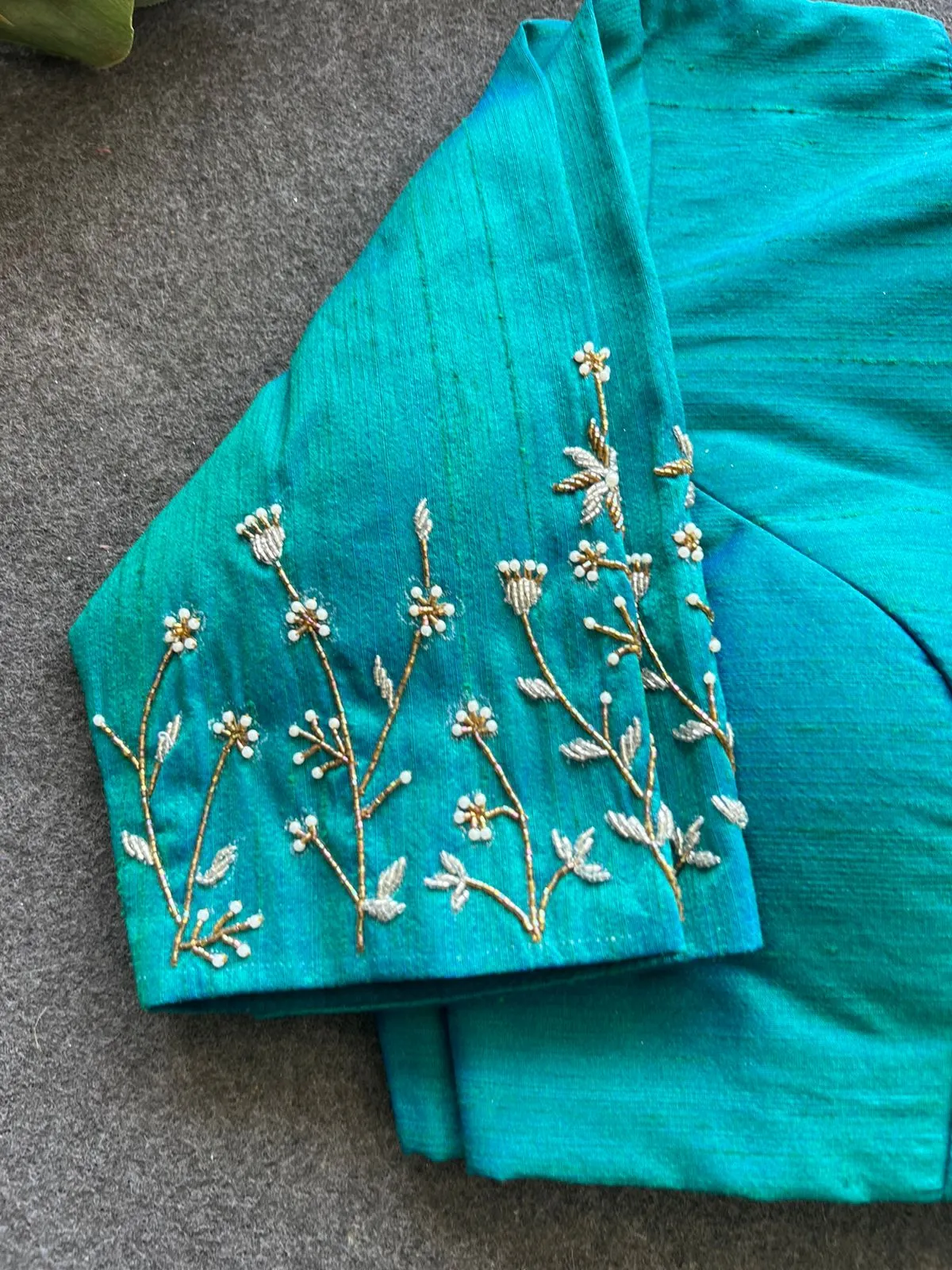 Blue silk sleeves hand work blouse