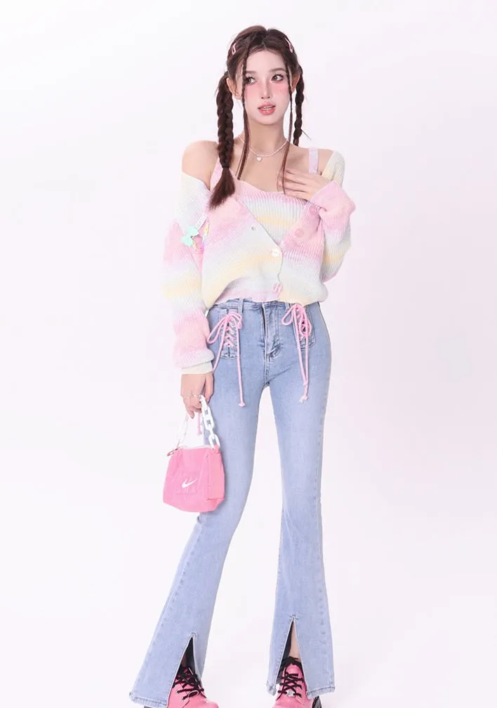 Bubblegum Rainbow Gradient Color Knit Cardigan Sling Short Camisole Cardigan Two Piece Set