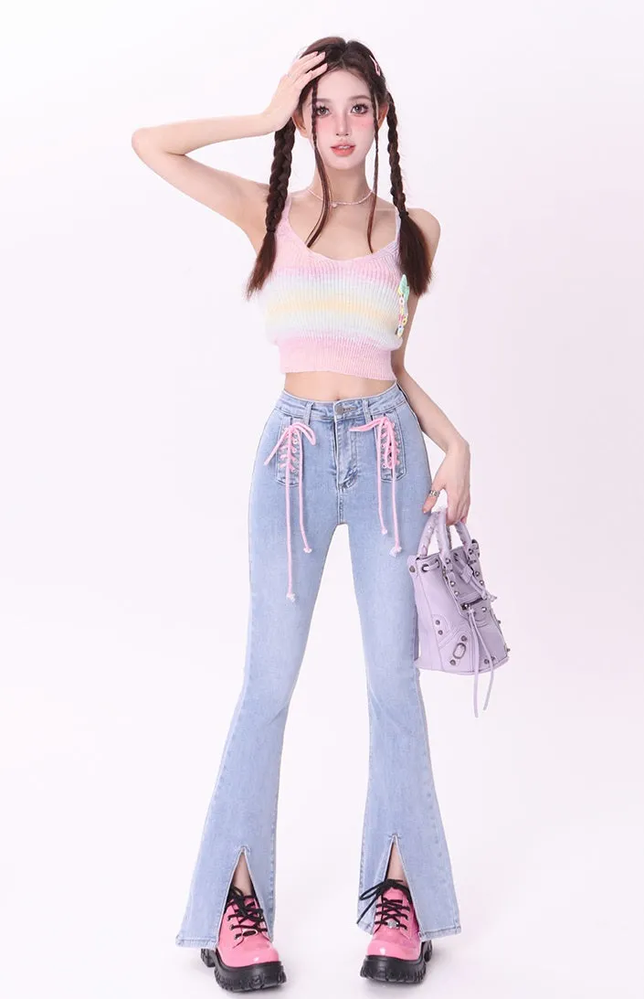 Bubblegum Rainbow Gradient Color Knit Cardigan Sling Short Camisole Cardigan Two Piece Set