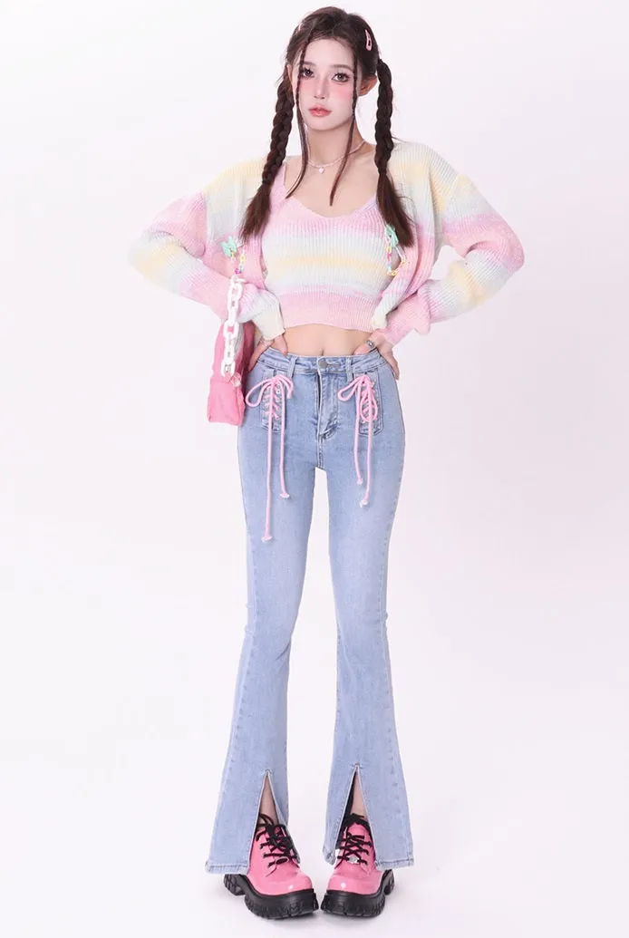 Bubblegum Rainbow Gradient Color Knit Cardigan Sling Short Camisole Cardigan Two Piece Set