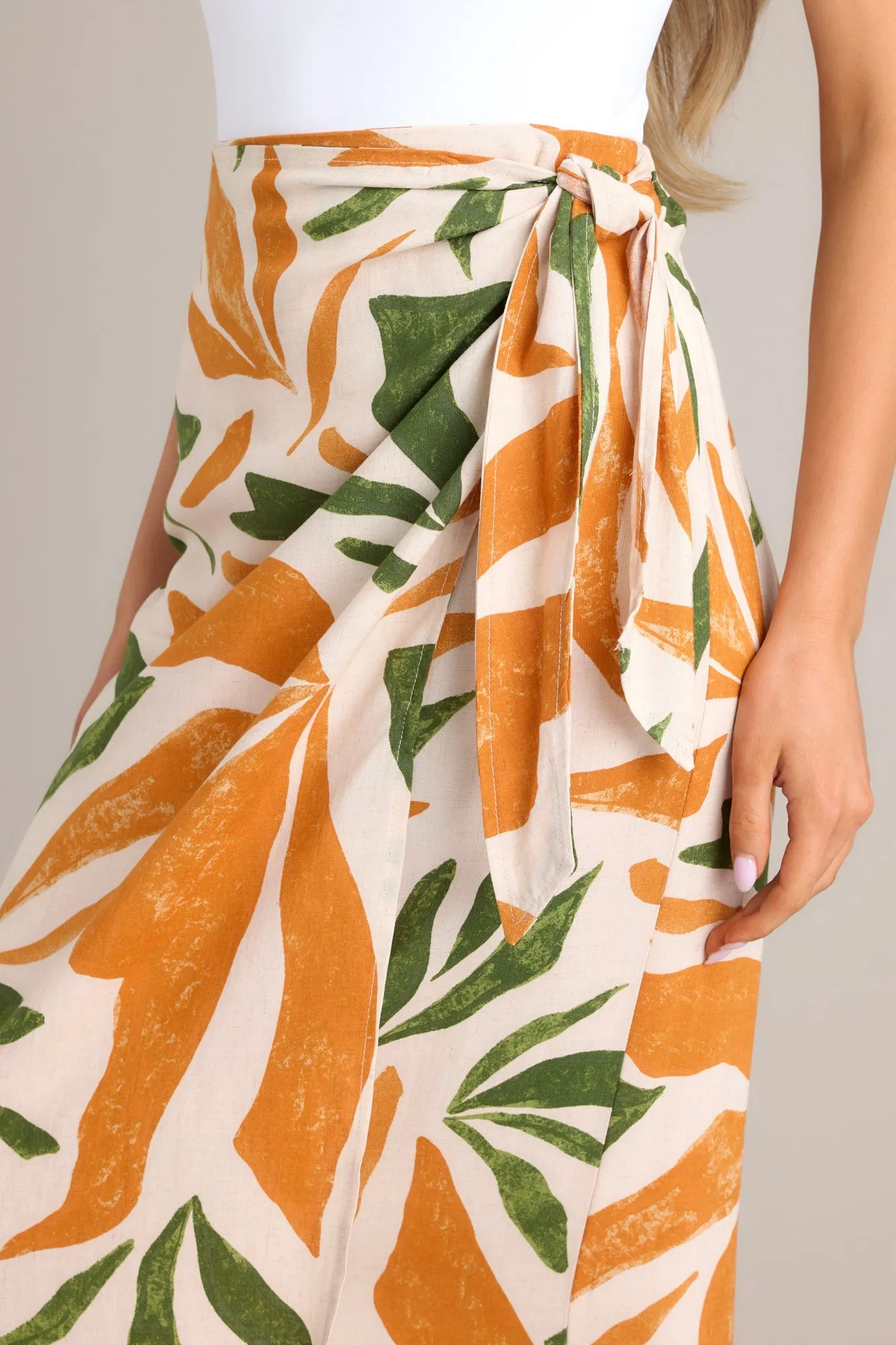 Cabana Chic Beige Tropical Print Midi Wrap Skirt