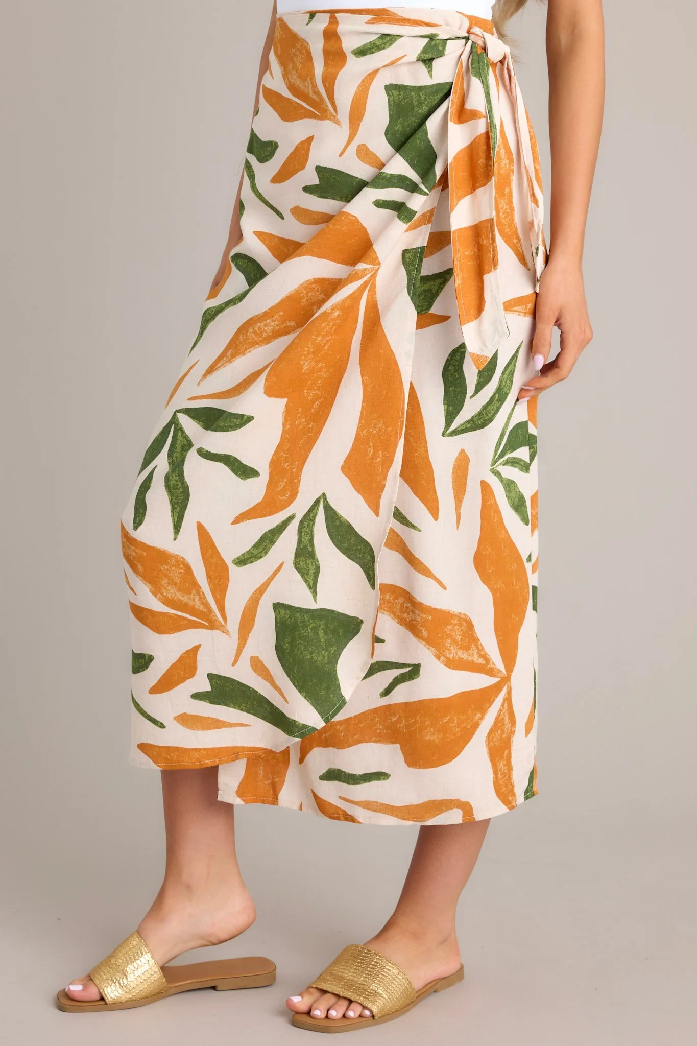 Cabana Chic Beige Tropical Print Midi Wrap Skirt