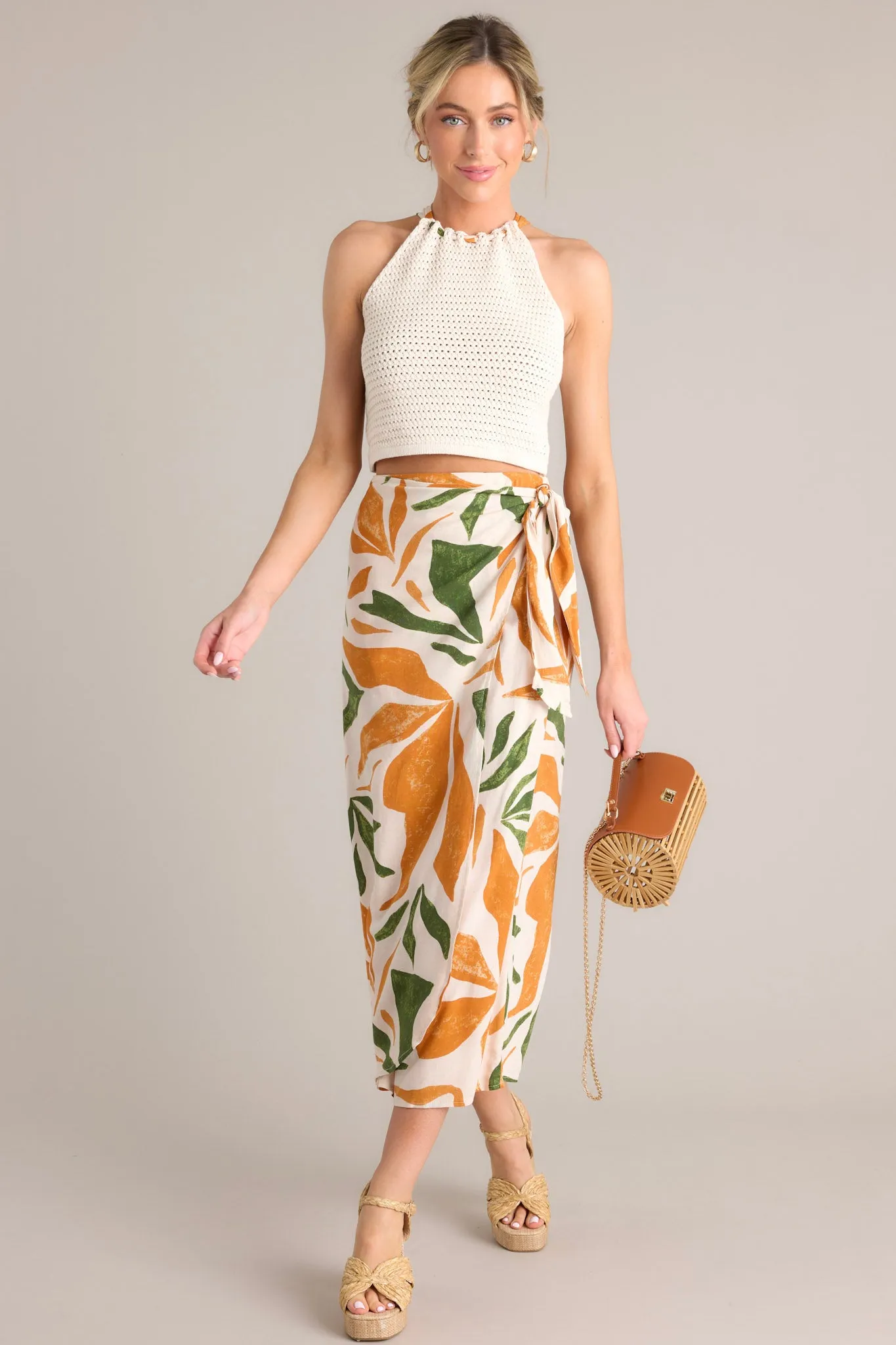 Cabana Chic Beige Tropical Print Midi Wrap Skirt