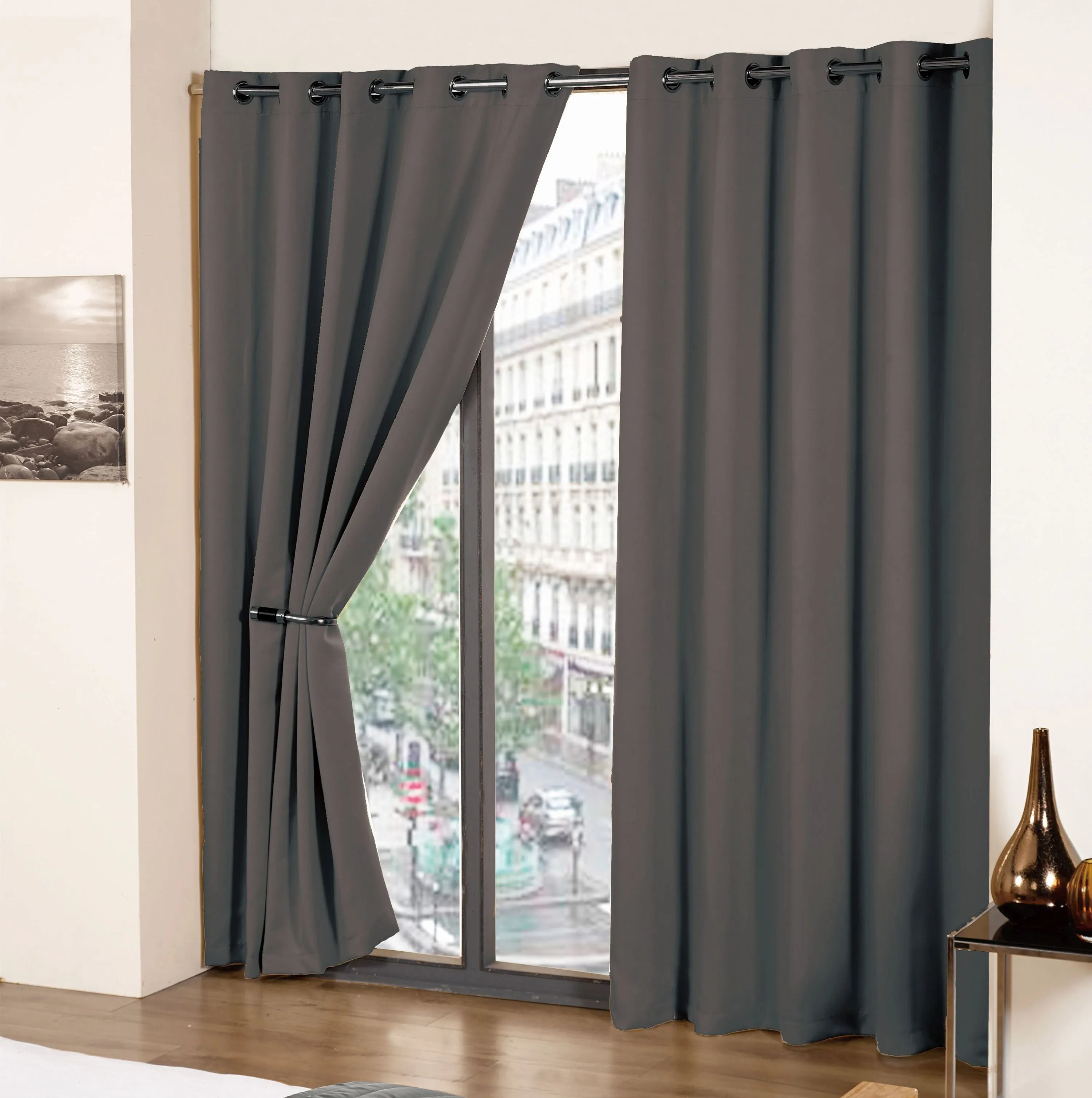 Cali Charcoal Grey Thermal Blackout Eyelet Curtains