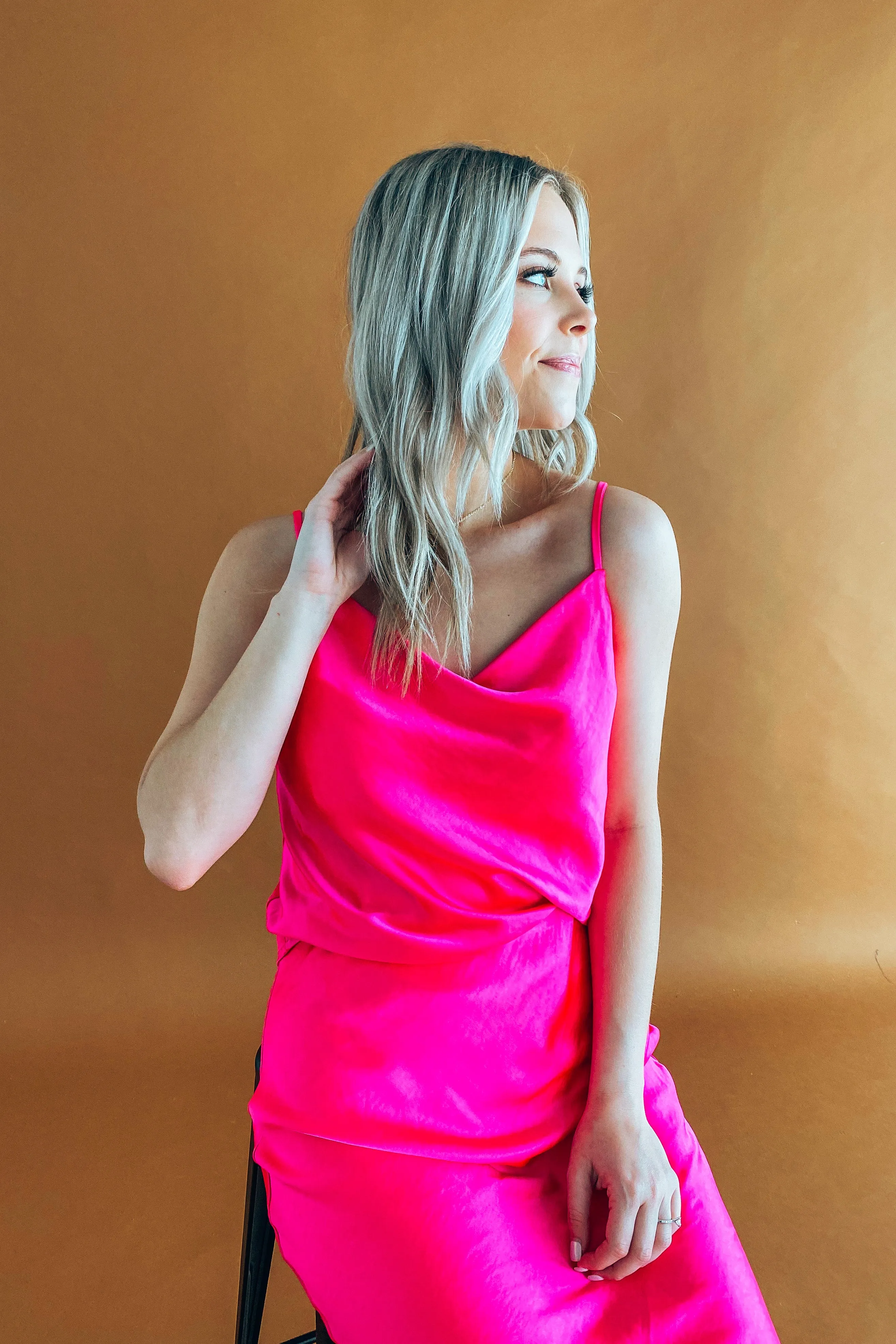 Carmen Electric Pink Cowl Neck Satin Cami