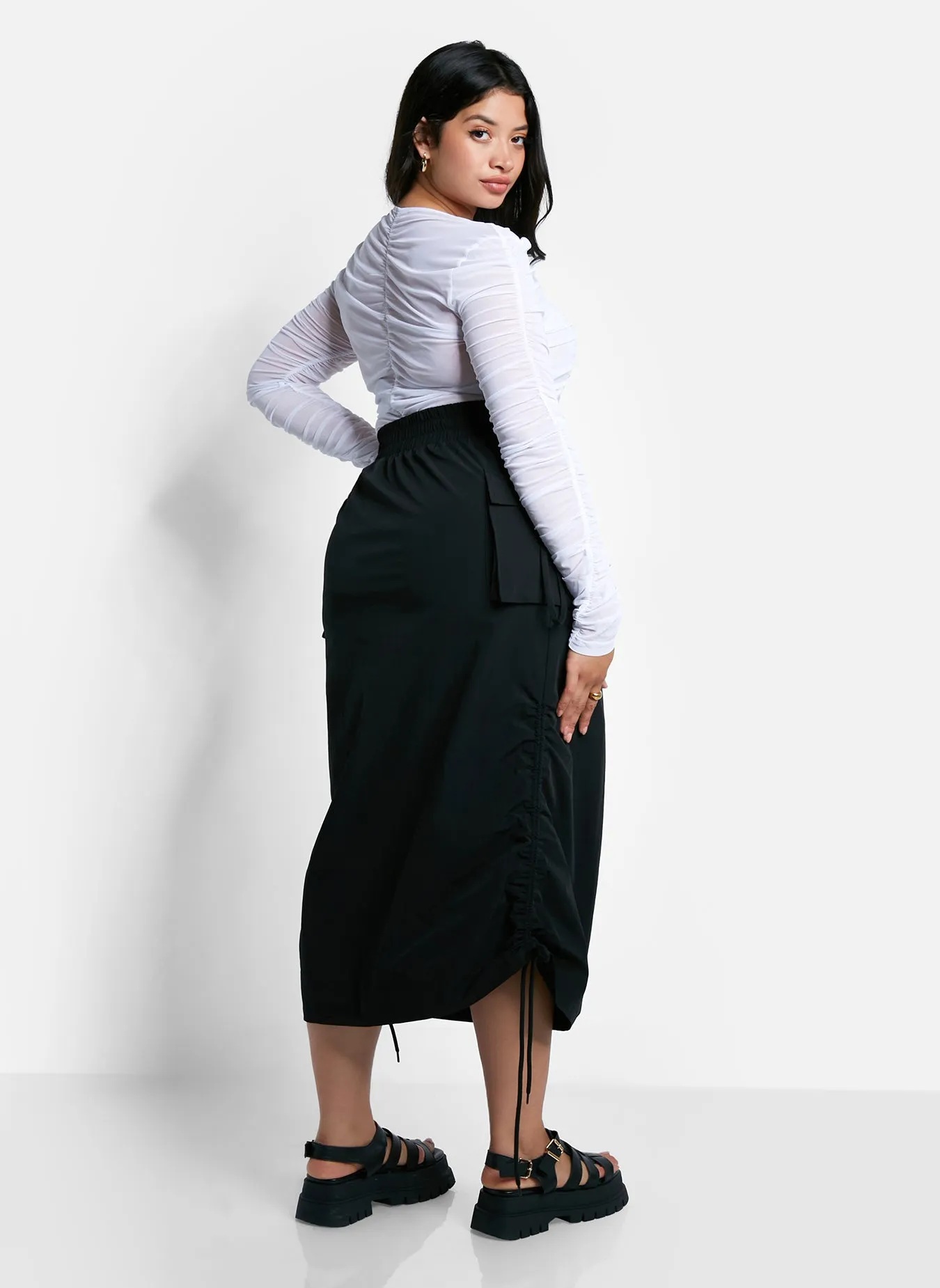 Carter Nylon Drawstring Midi Cargo Skirt