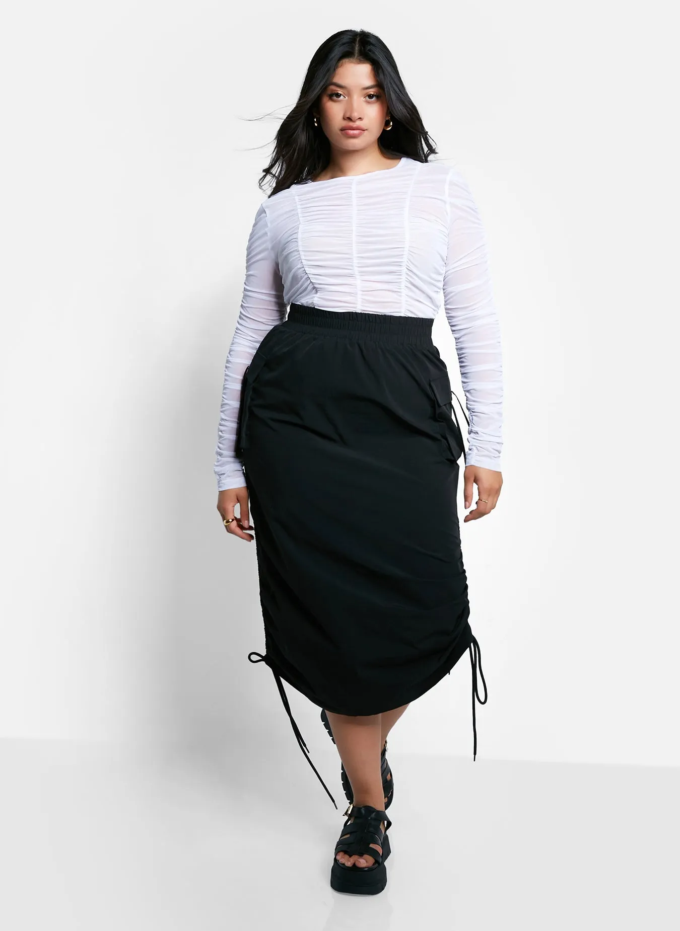 Carter Nylon Drawstring Midi Cargo Skirt