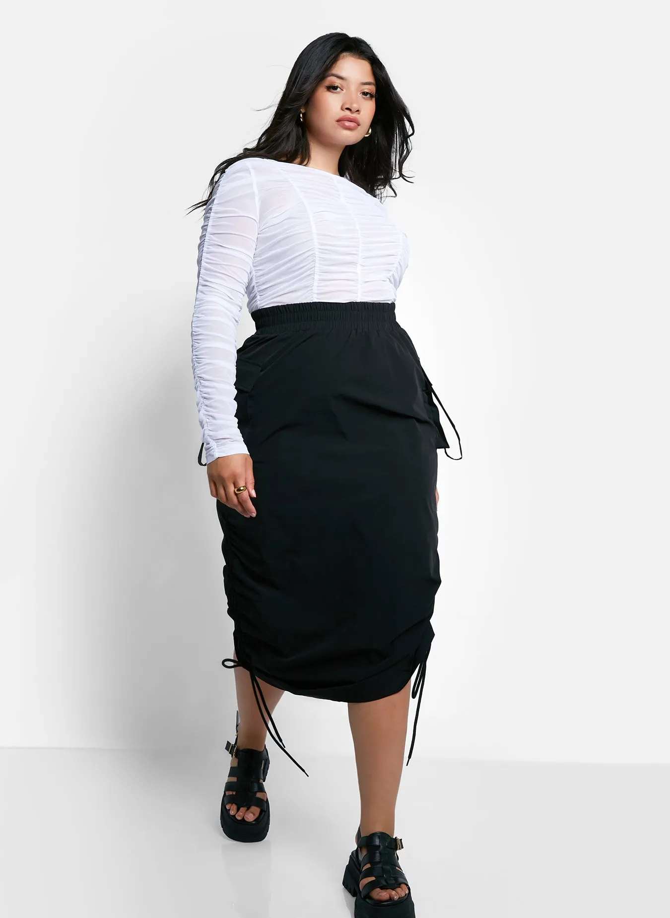 Carter Nylon Drawstring Midi Cargo Skirt