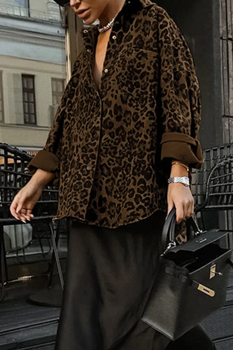 Casual Street Leopard Print Buttons Turndown Collar Blouses