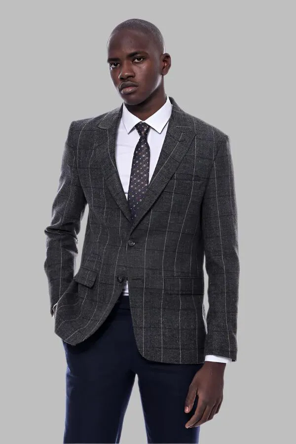 Checked Peak Lapel Slim-Fit Dark Grey Men Blazer - Wessi