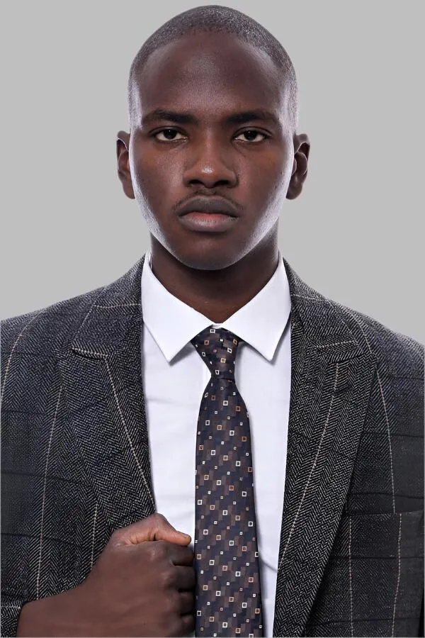 Checked Peak Lapel Slim-Fit Dark Grey Men Blazer - Wessi