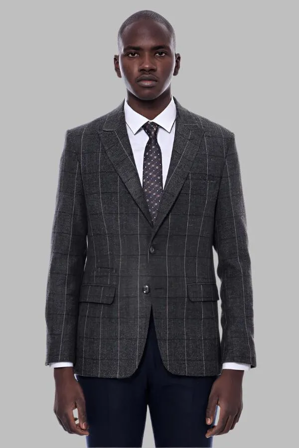 Checked Peak Lapel Slim-Fit Dark Grey Men Blazer - Wessi