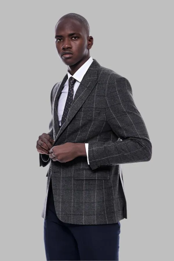 Checked Peak Lapel Slim-Fit Dark Grey Men Blazer - Wessi