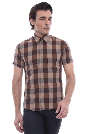 Checked Short Sleeve Brown Men Shirt - Wessi