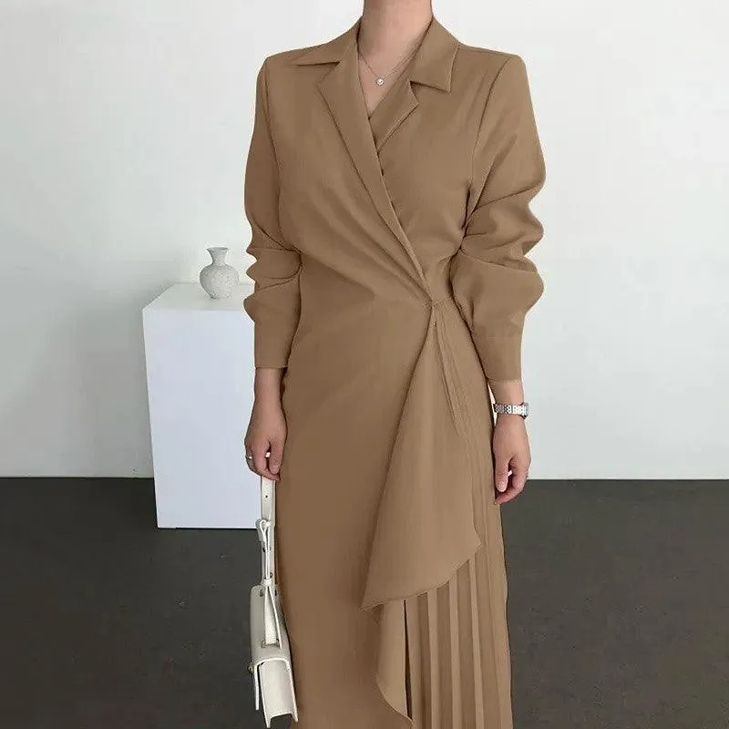 Chic Retro Long-Sleeve Solid Color Midi Dress with Adjustable Waist