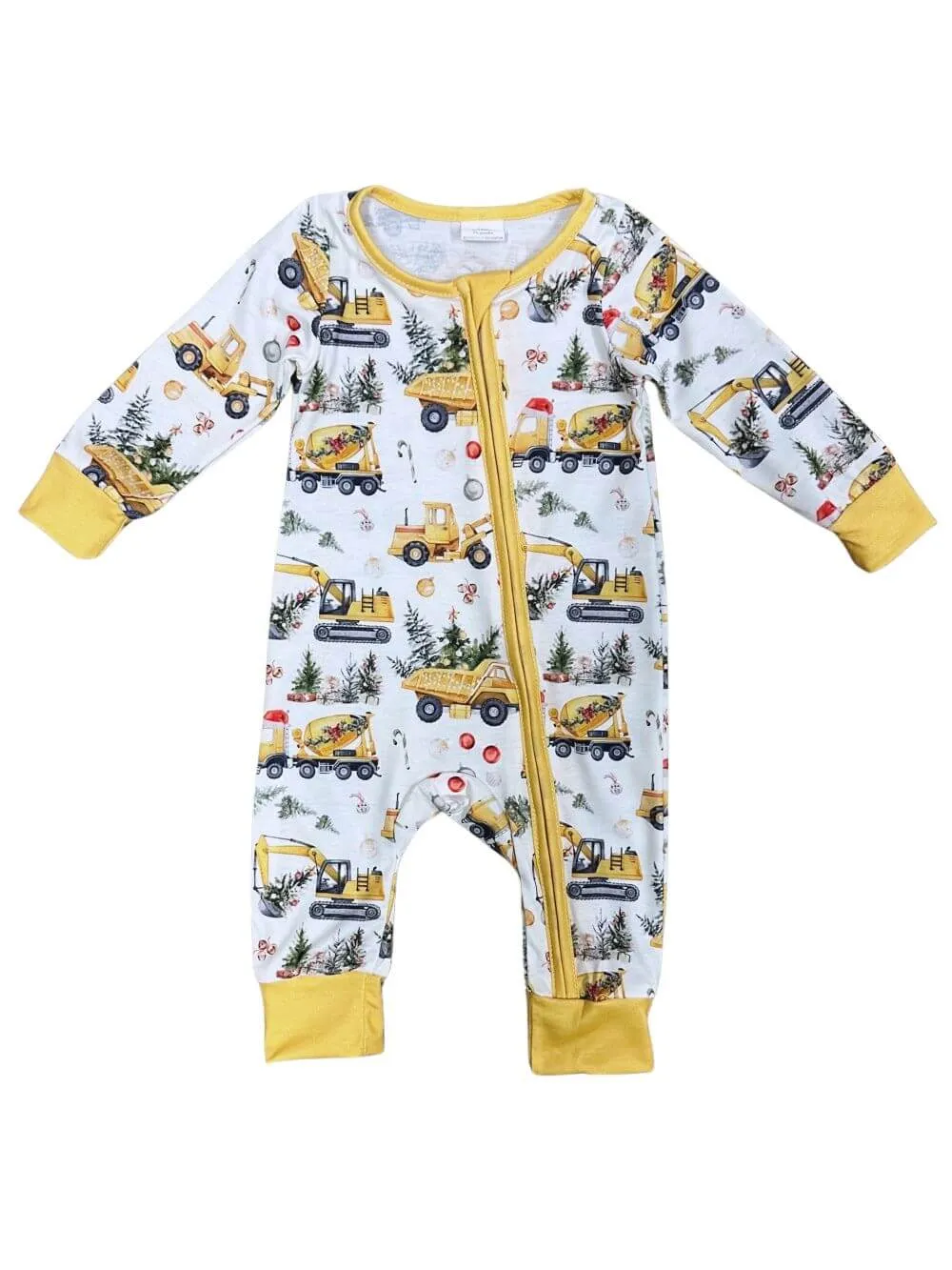 Christmas Tree Construction Yellow Trim Baby Romper