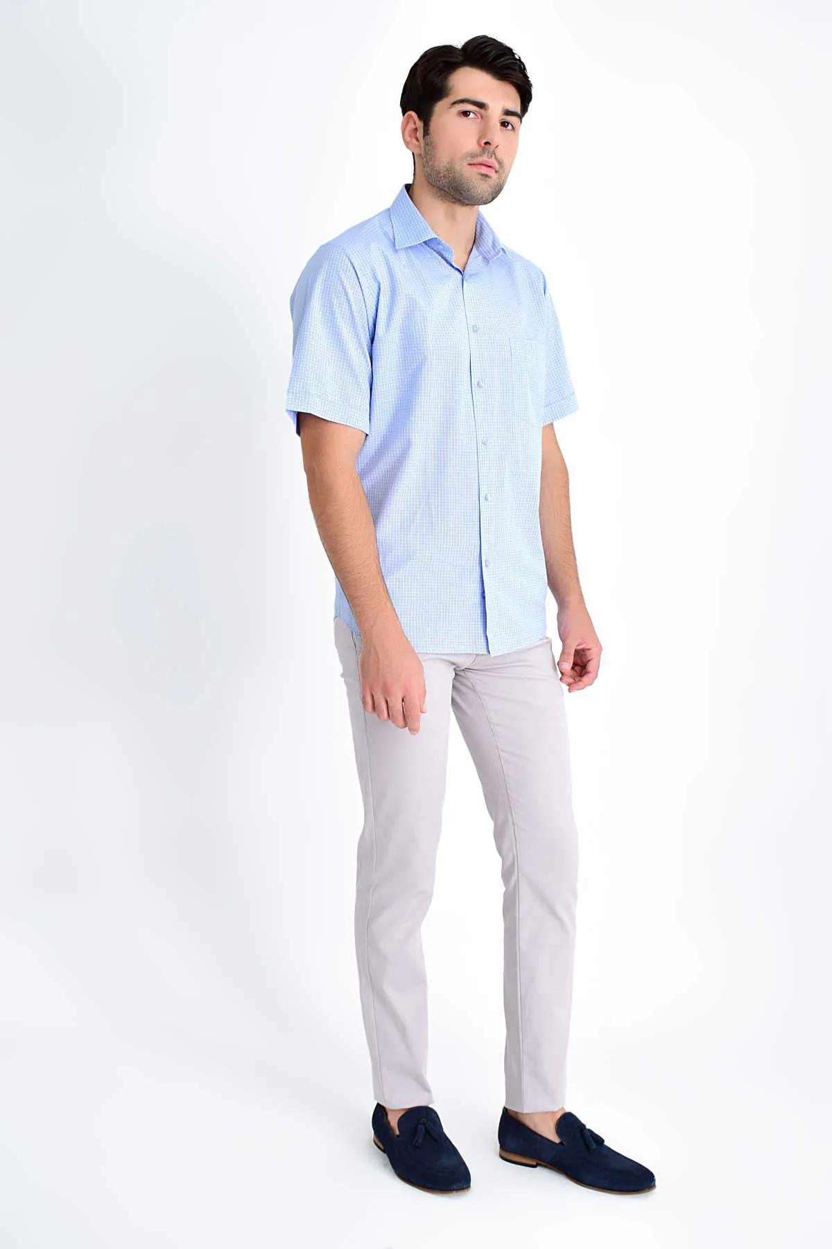 Classic Fit Plaid Cotton Blend Light Blue Dress Shirt