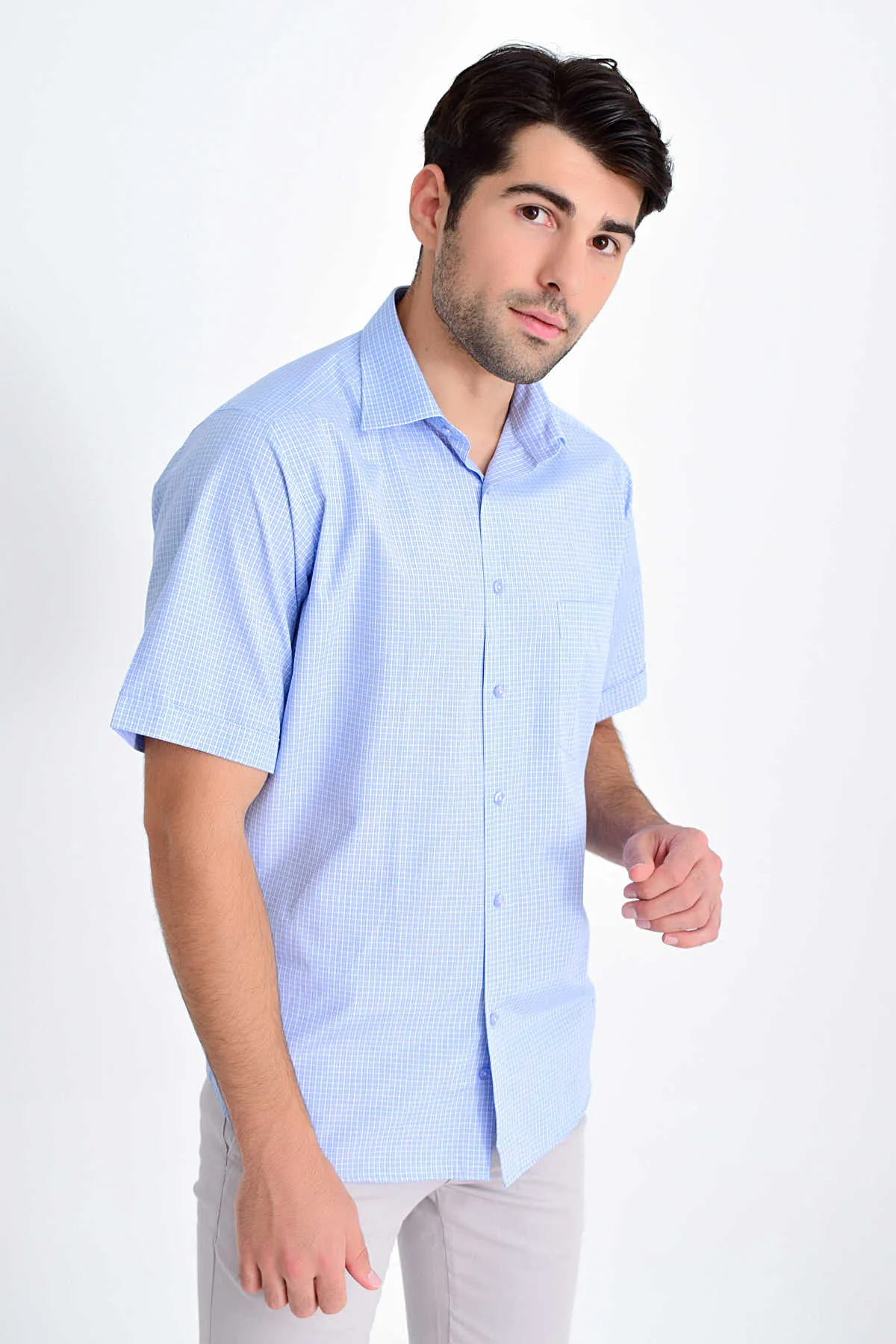 Classic Fit Plaid Cotton Blend Light Blue Dress Shirt