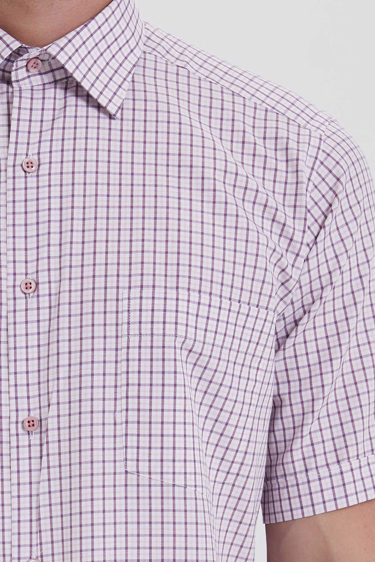 Classic Fit Short Sleeve Plaid Cotton Blend Pink Dress Shirt