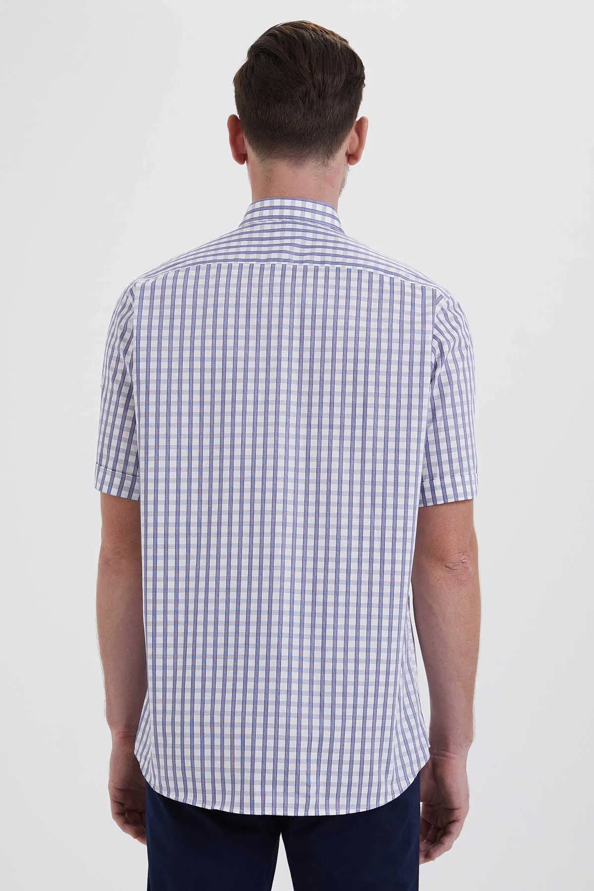 Classic Fit Short Sleeve Plaid Cotton Blue Dress Shirt