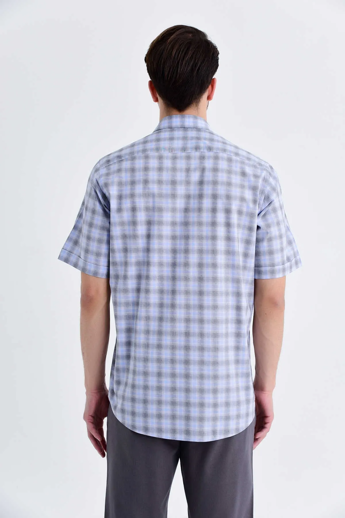 Classic Fit Short Sleeve Plaid Cotton Gray Dress Shirt