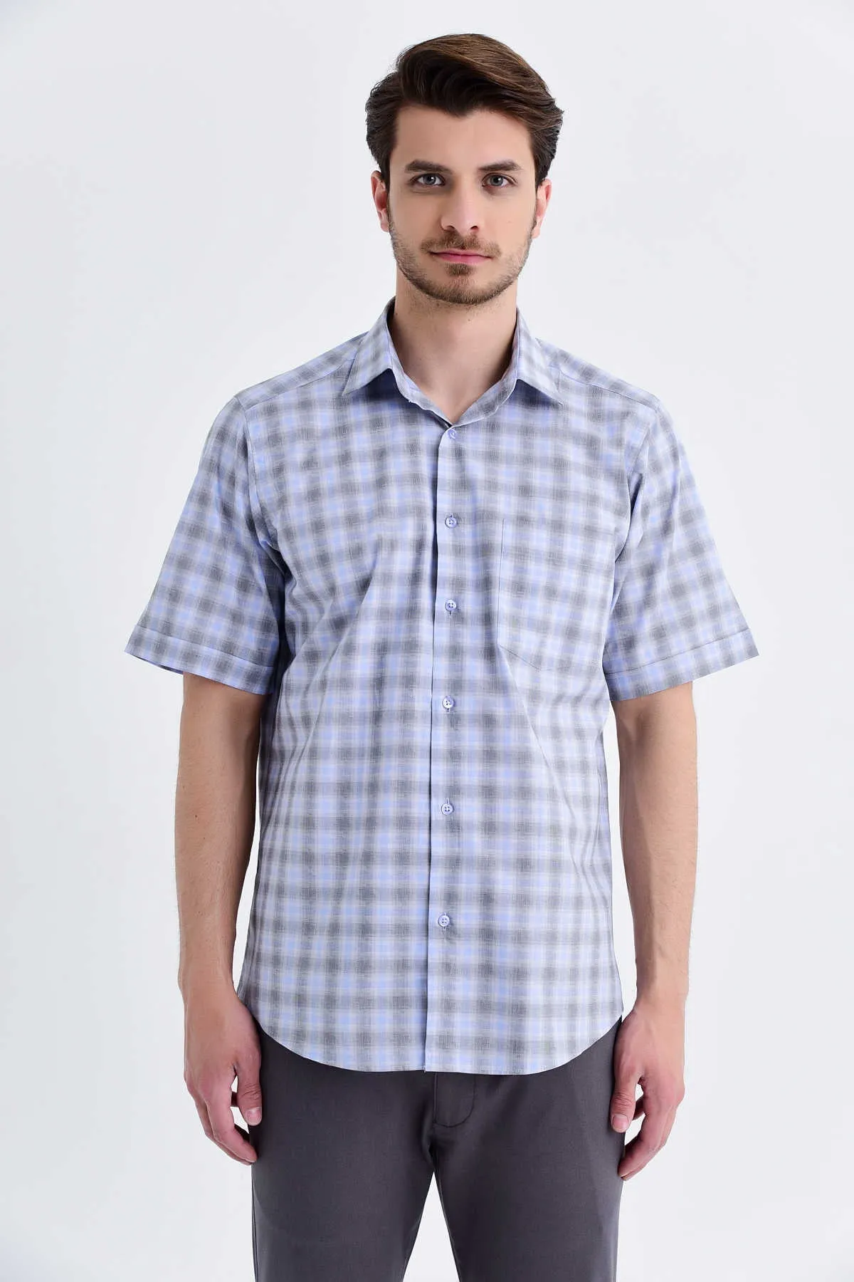 Classic Fit Short Sleeve Plaid Cotton Gray Dress Shirt