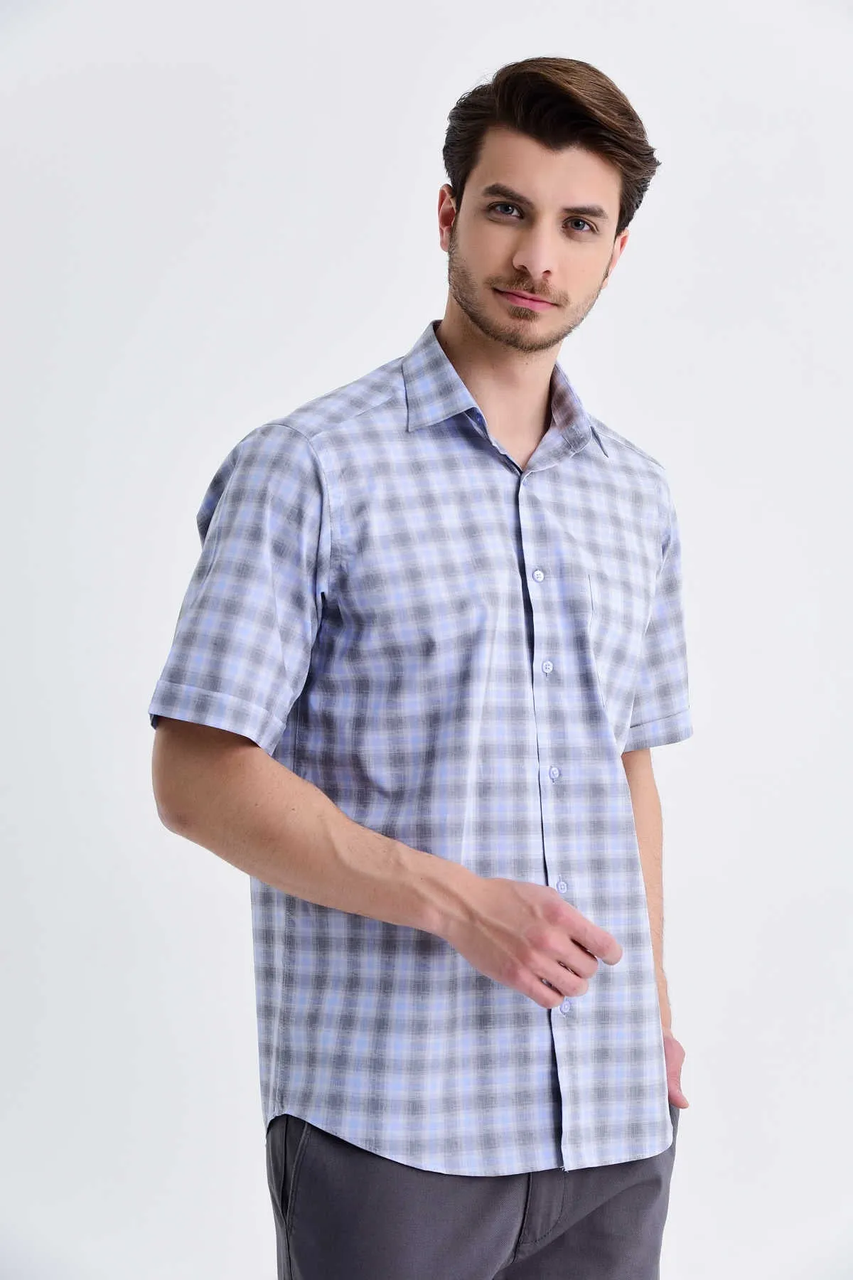 Classic Fit Short Sleeve Plaid Cotton Gray Dress Shirt