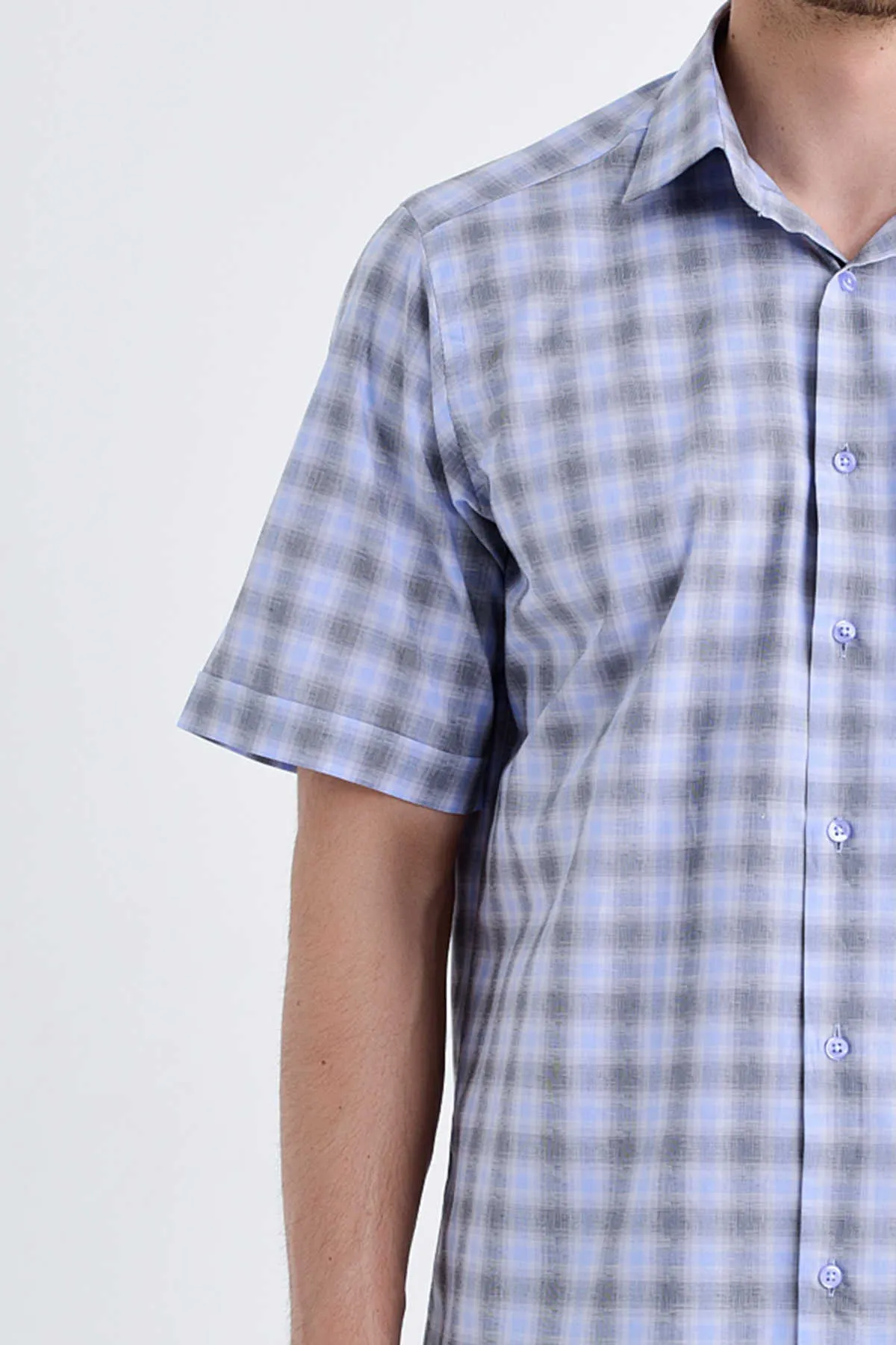 Classic Fit Short Sleeve Plaid Cotton Gray Dress Shirt