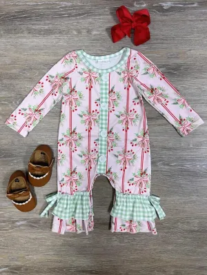 Coquette Christmas Bows Girls Gingham Trim Baby Romper