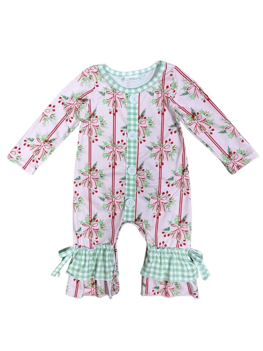 Coquette Christmas Bows Girls Gingham Trim Baby Romper