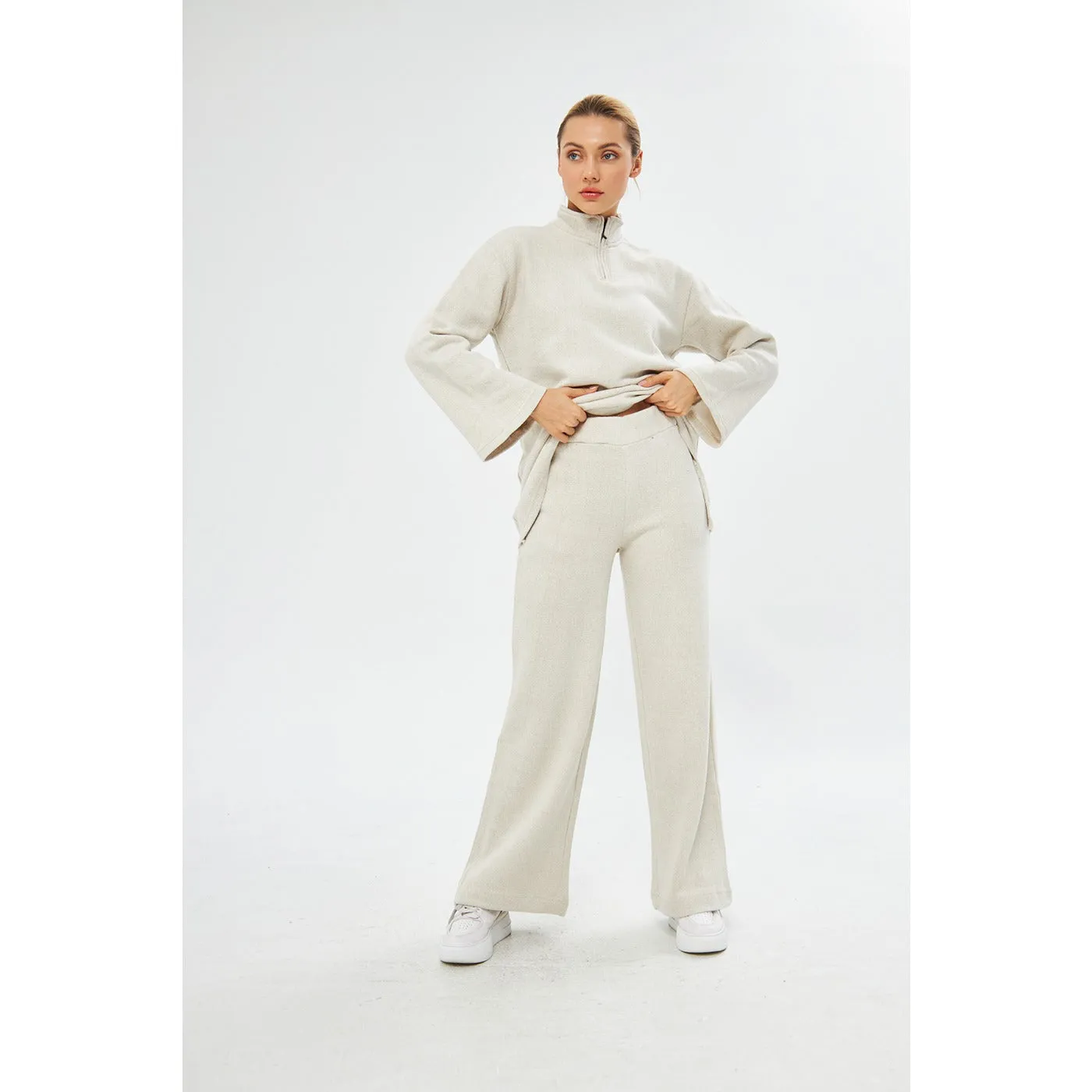 Cream Melange Wide Leg Trouser