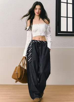 Dark Blue Wide Leg Relaxed Denim Style Pants SHI0076