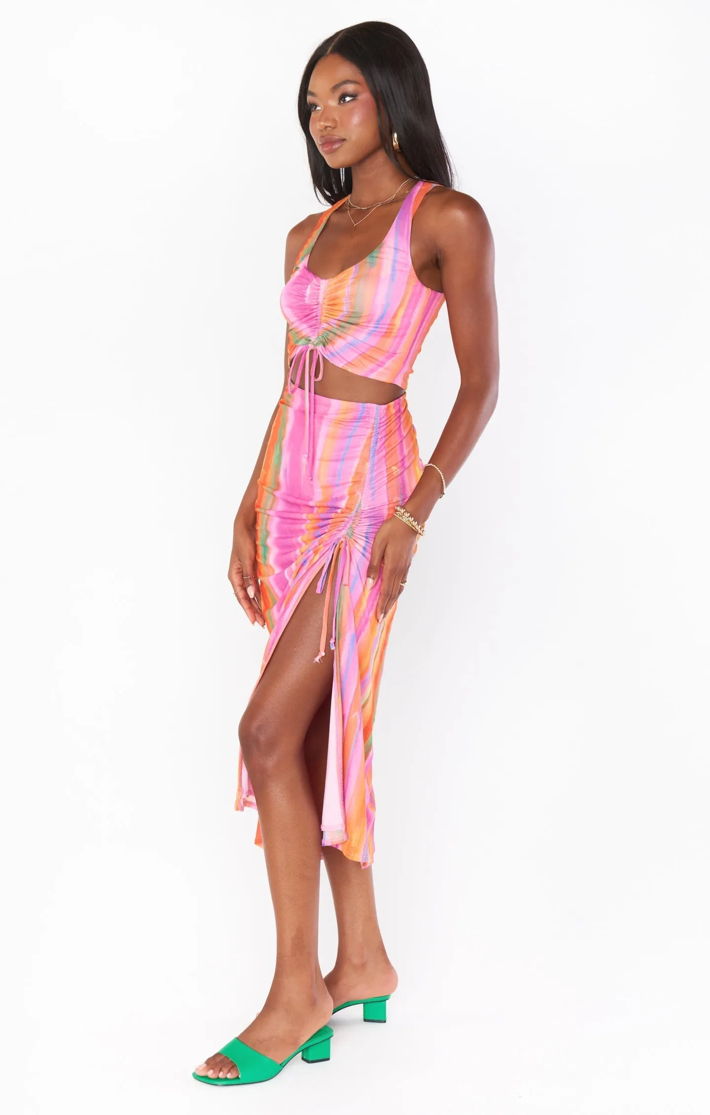 Dazy Sunrise Stripe Mesh Midi Skirt Multi