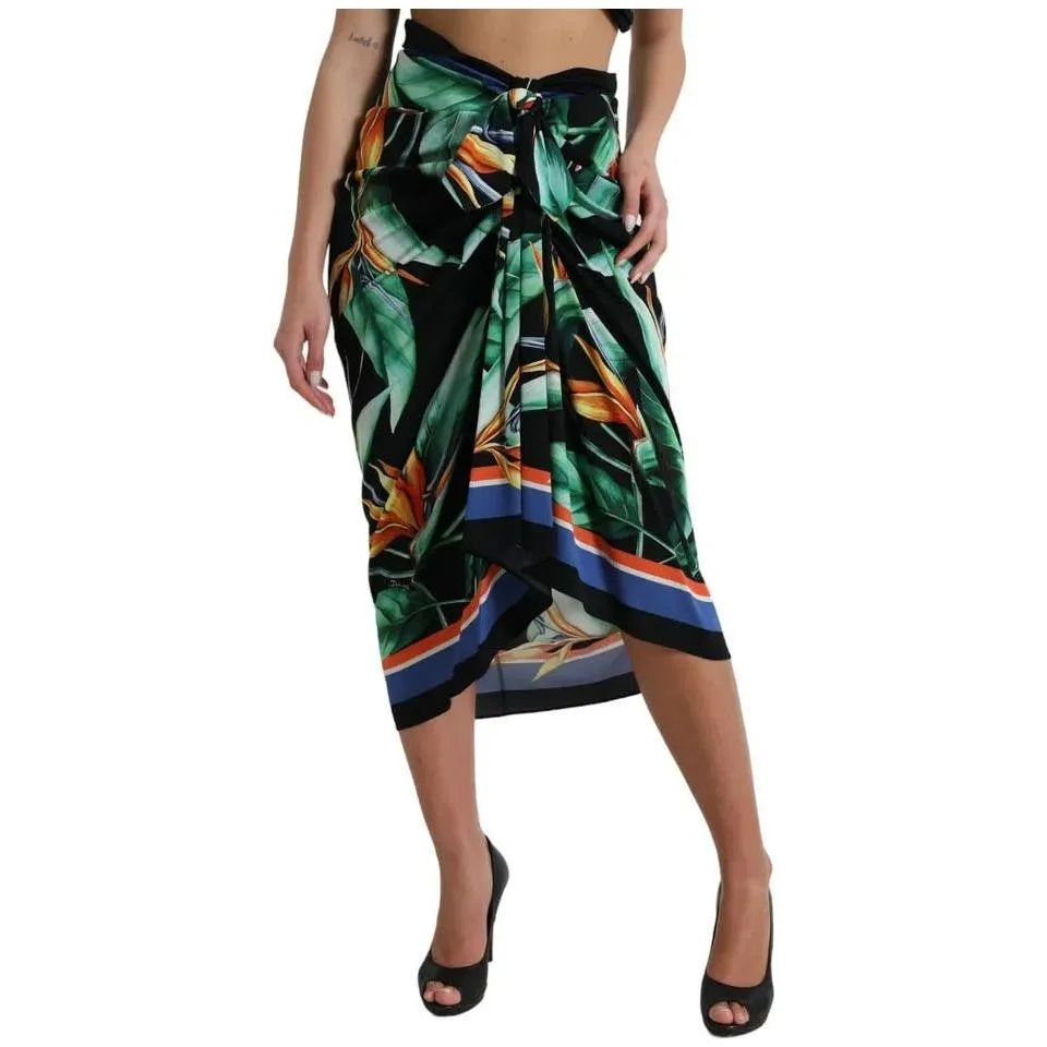 Dolce & Gabbana Black Strelitzia High Waist Wrap Midi Skirt