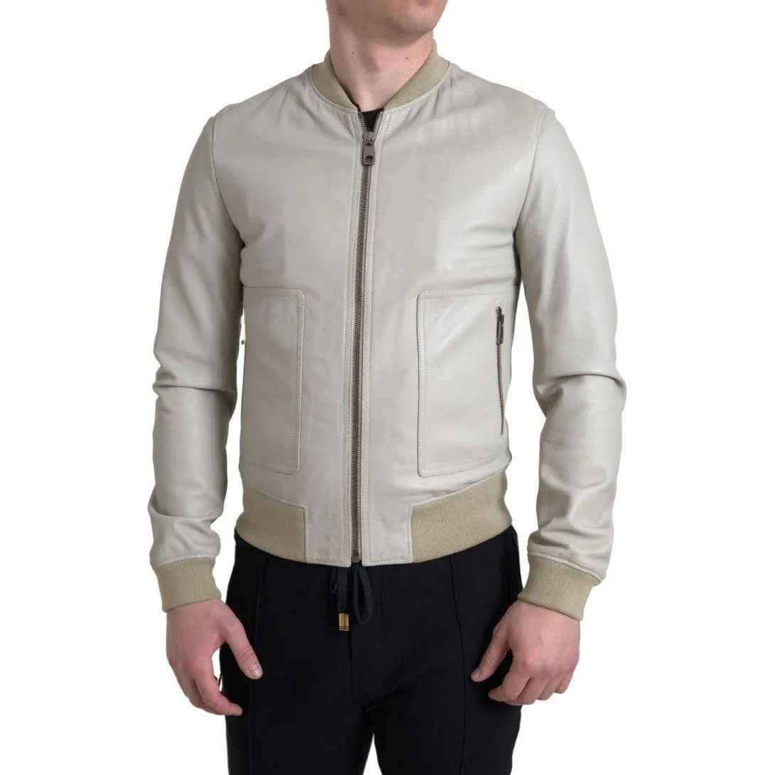 Dolce & Gabbana Cream Leather Bomber Jacket