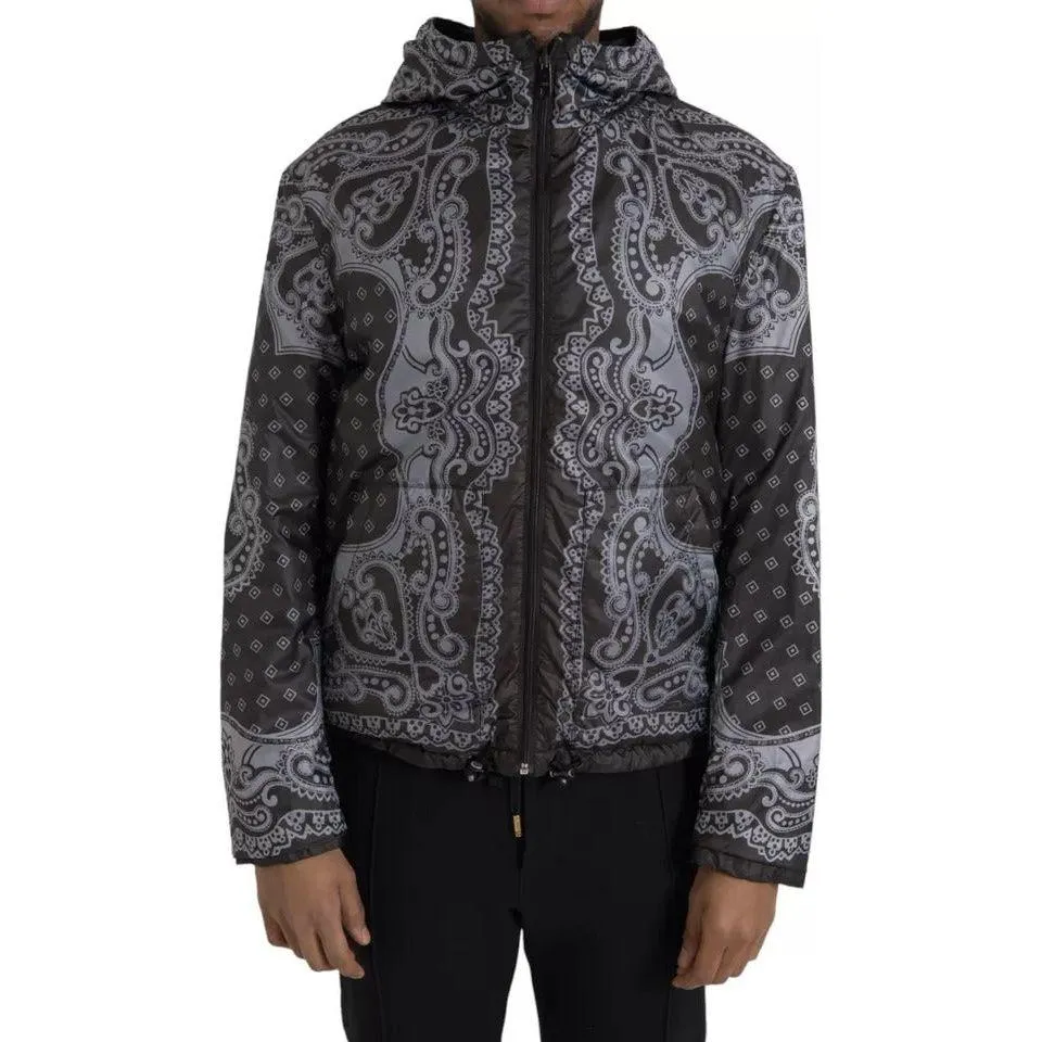 Dolce & Gabbana Gray Bandana Hooded Full Zip Bomber Jacket